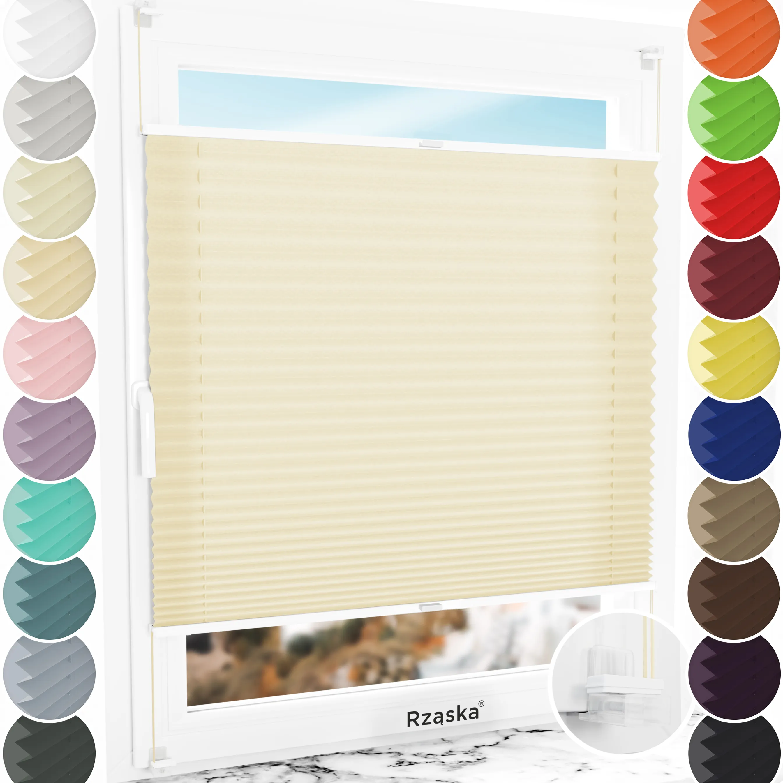 Bezinwazyjne plisy okienne Rząska® na wymiar, uchwyty Risinfix Incognito X do zaciskania, kolekcja Premium w kolorze Piasek Sahary, beżowym z profilem białym.