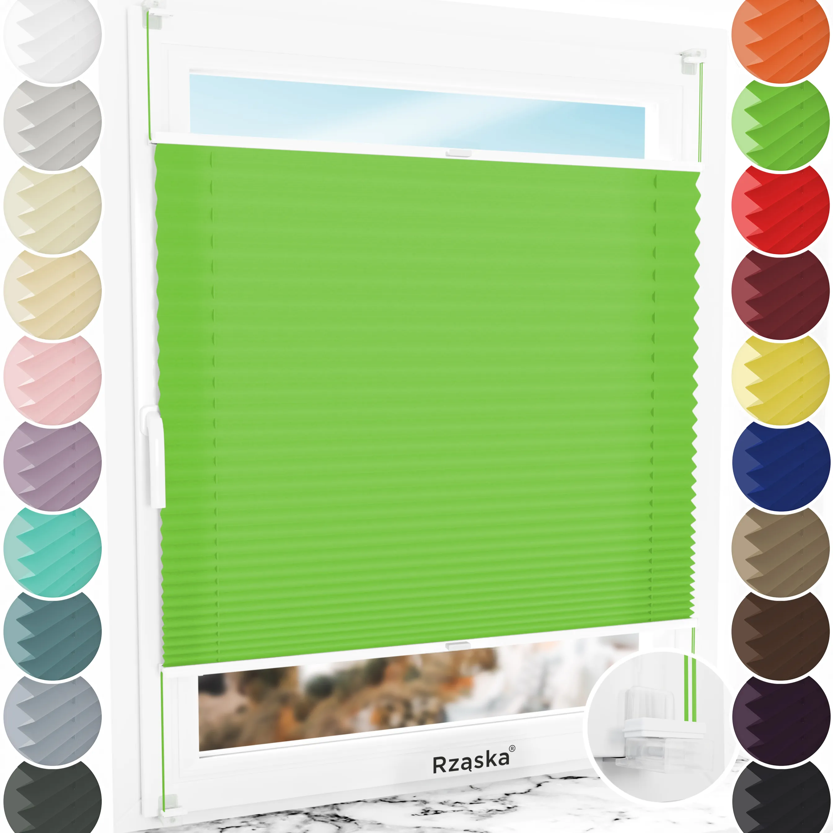 Bezinwazyjne plisy okienne Rząska® na wymiar, uchwyty Risinfix Incognito X do zaciskania, kolekcja Premium w kolorze Zielona łąka, zielonym z profilem białym.