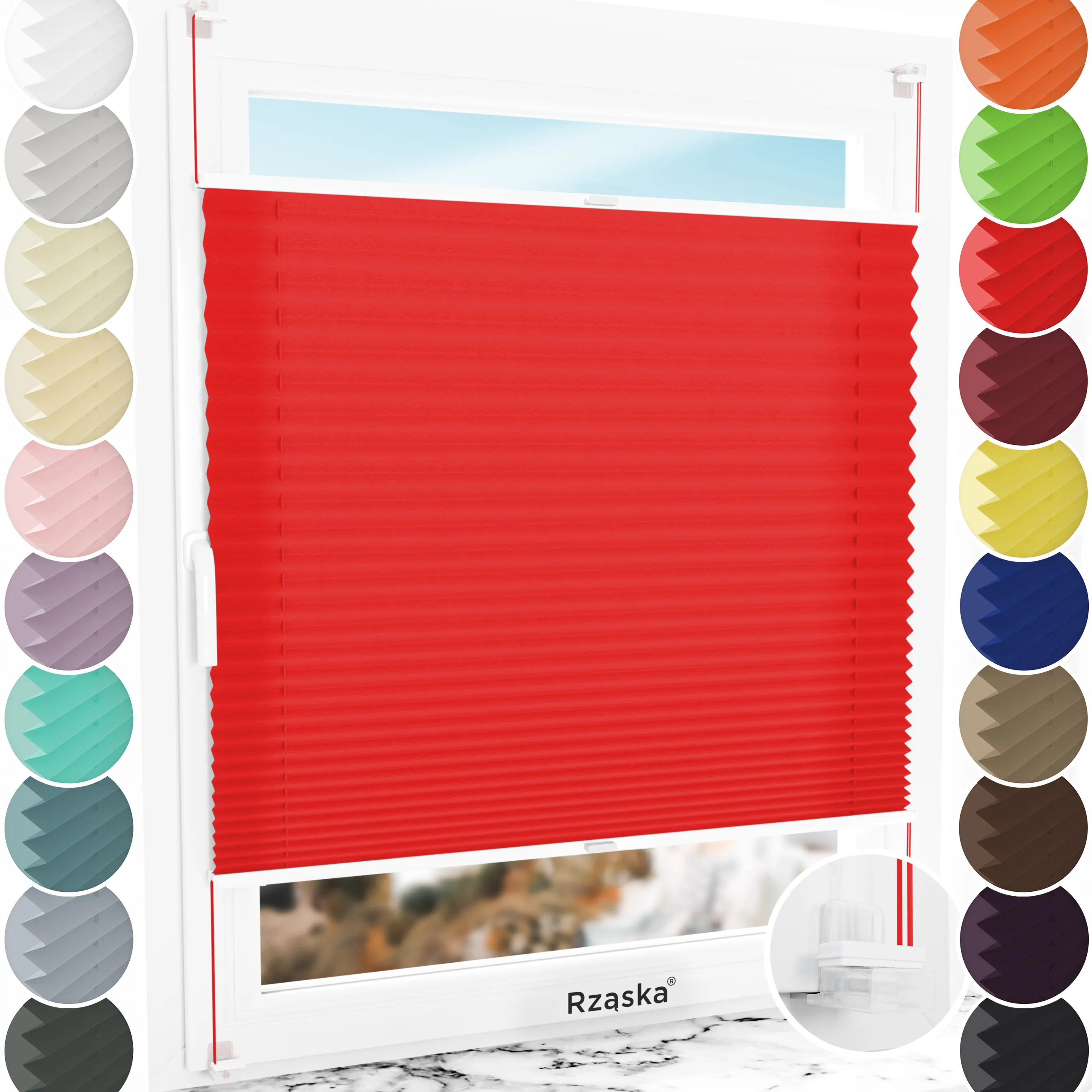 Bezinwazyjne plisy okienne Rząska® na wymiar, uchwyty Risinfix Incognito X do zaciskania, kolekcja Premium w kolorze Usta Geishy, czerwonym z profilem białym.