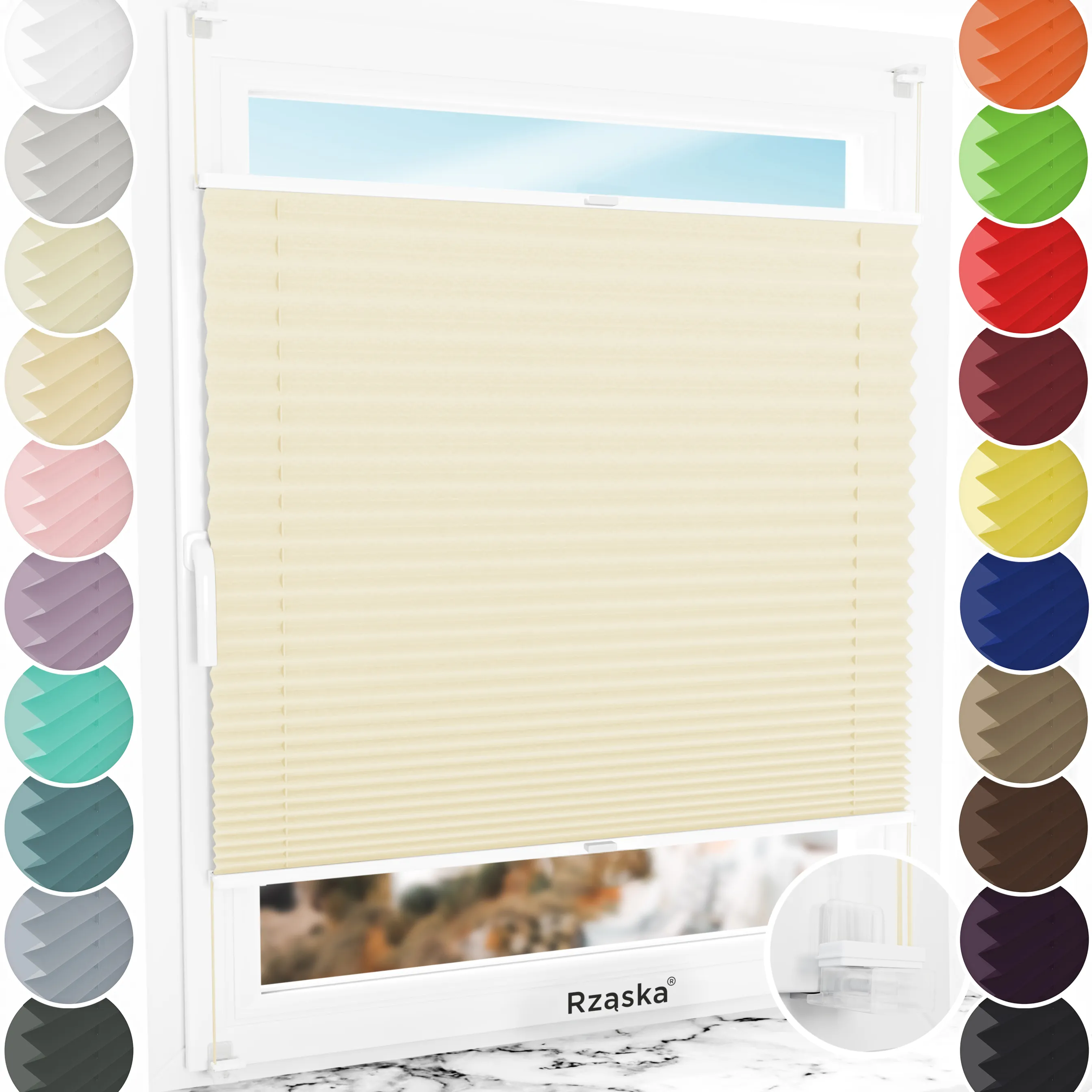 Bezinwazyjne plisy zaciemniające Rząska® na wymiar, uchwyty Risinfix Incognito X do zaciskania, kolekcja Thermo w kolorze Kawa z mlekiem, beżowym z profilem białym.