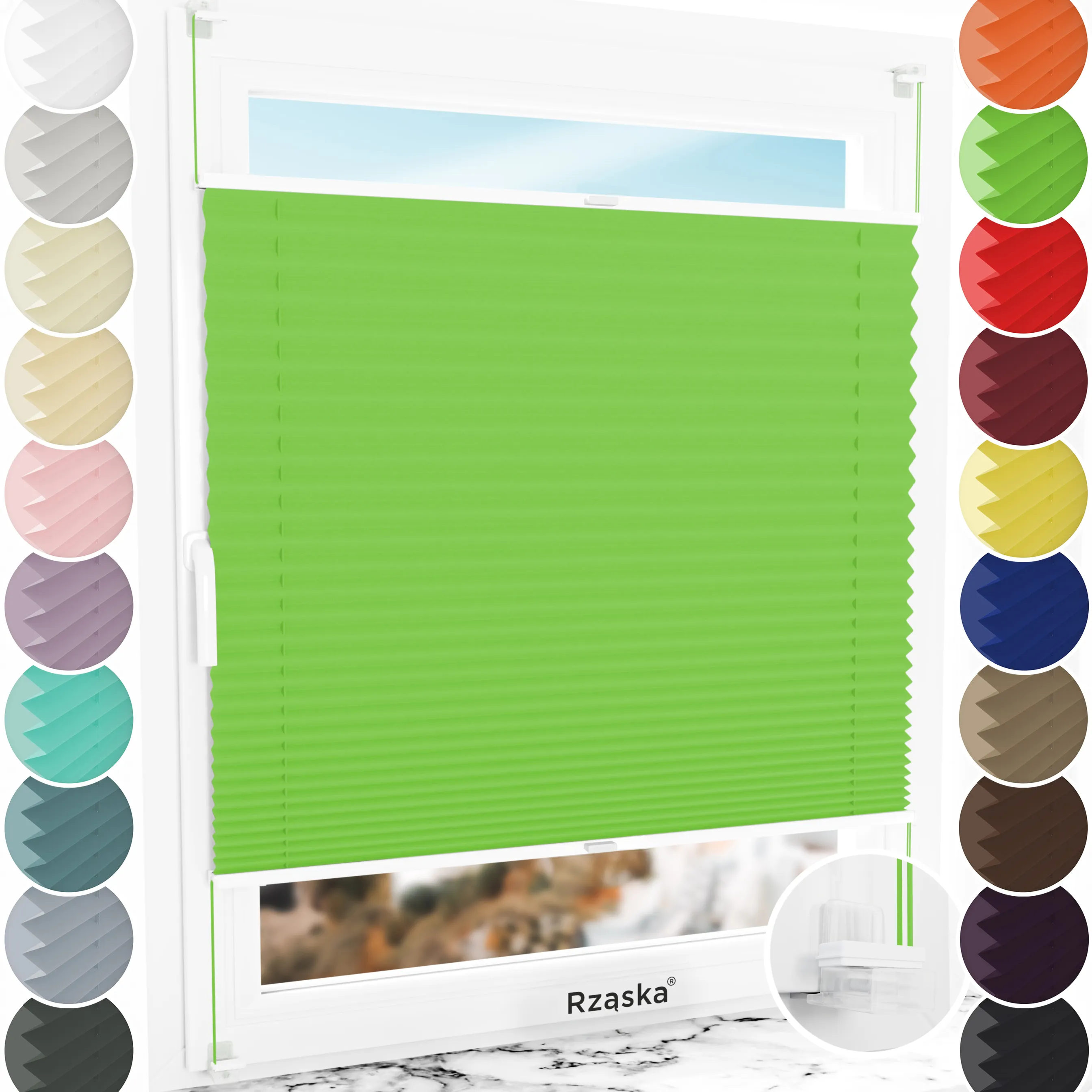 Bezinwazyjne plisy zaciemniające Rząska® na wymiar, uchwyty Risinfix Incognito X do zaciskania, kolekcja Thermo w kolorze Liść radości, zielonym z profilem białym.