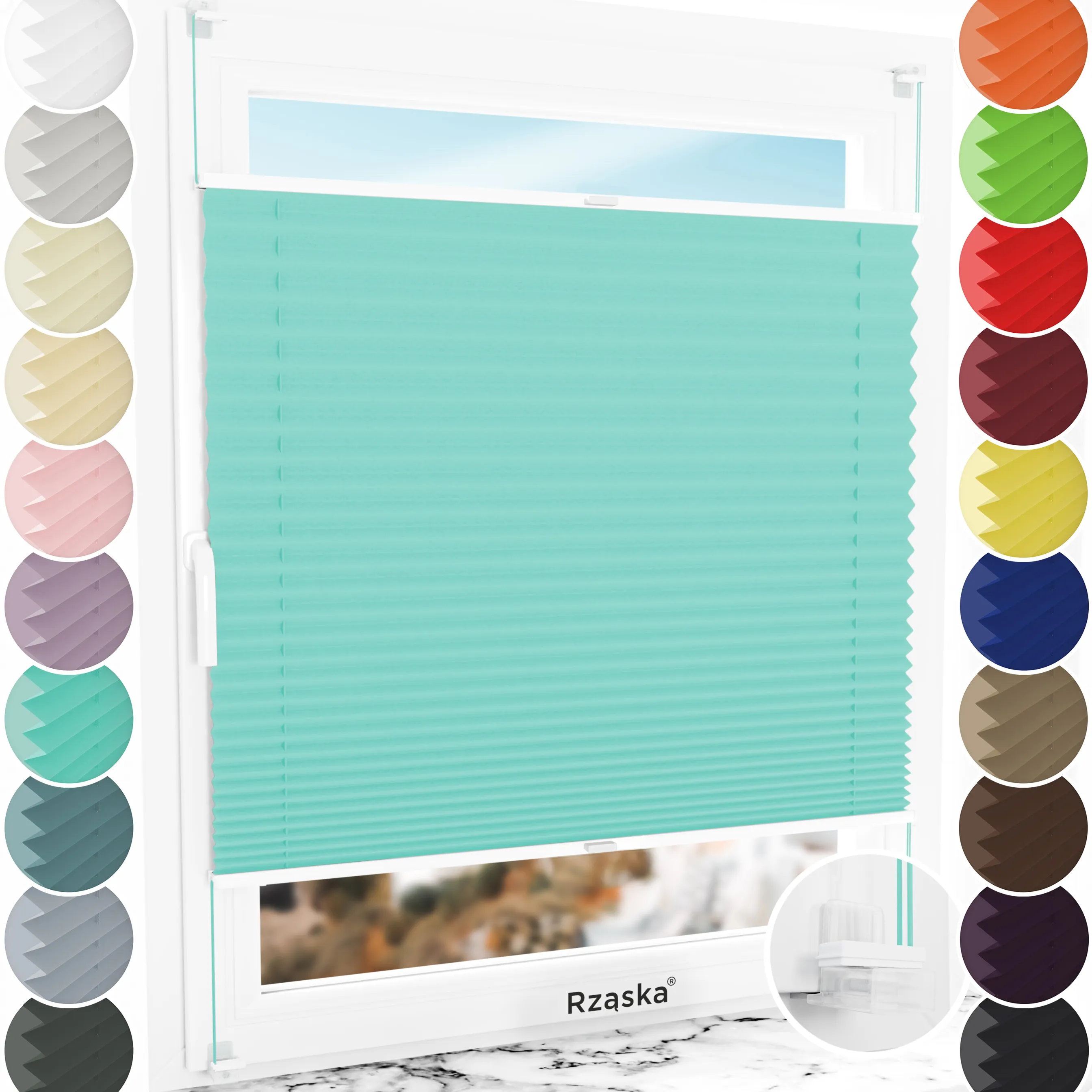 Bezinwazyjne plisy zaciemniające Rząska® na wymiar, uchwyty Risinfix Incognito X do zaciskania, kolekcja Thermo w kolorze Melodia przypływu, turkusowym z profilem białym.