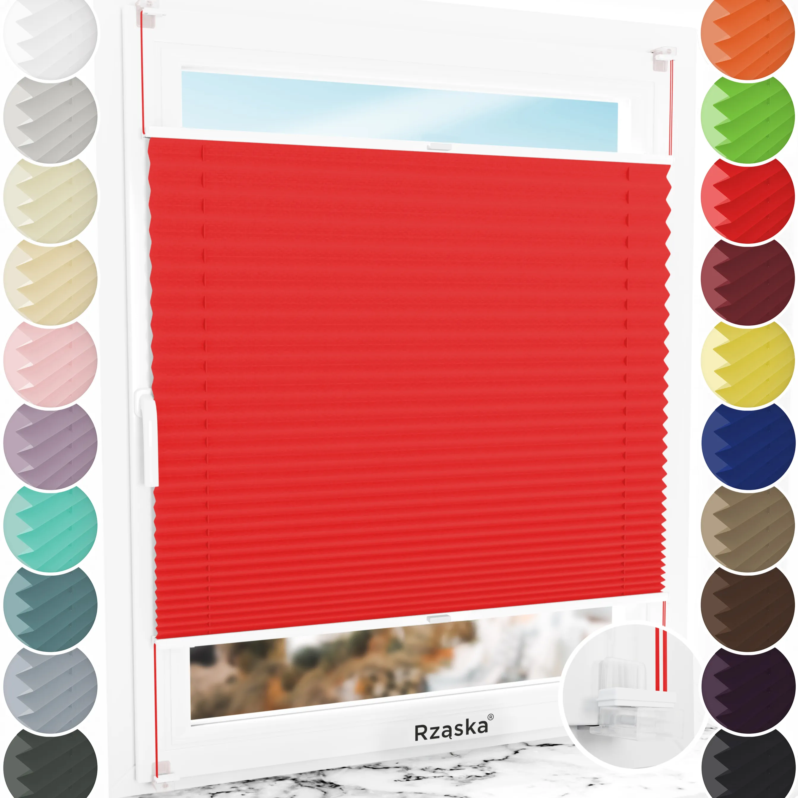 Bezinwazyjne plisy zaciemniające Rząska® na wymiar, uchwyty Risinfix Incognito X do zaciskania, kolekcja Thermo w kolorze Urok wiśni, czerwonym z profilem białym.