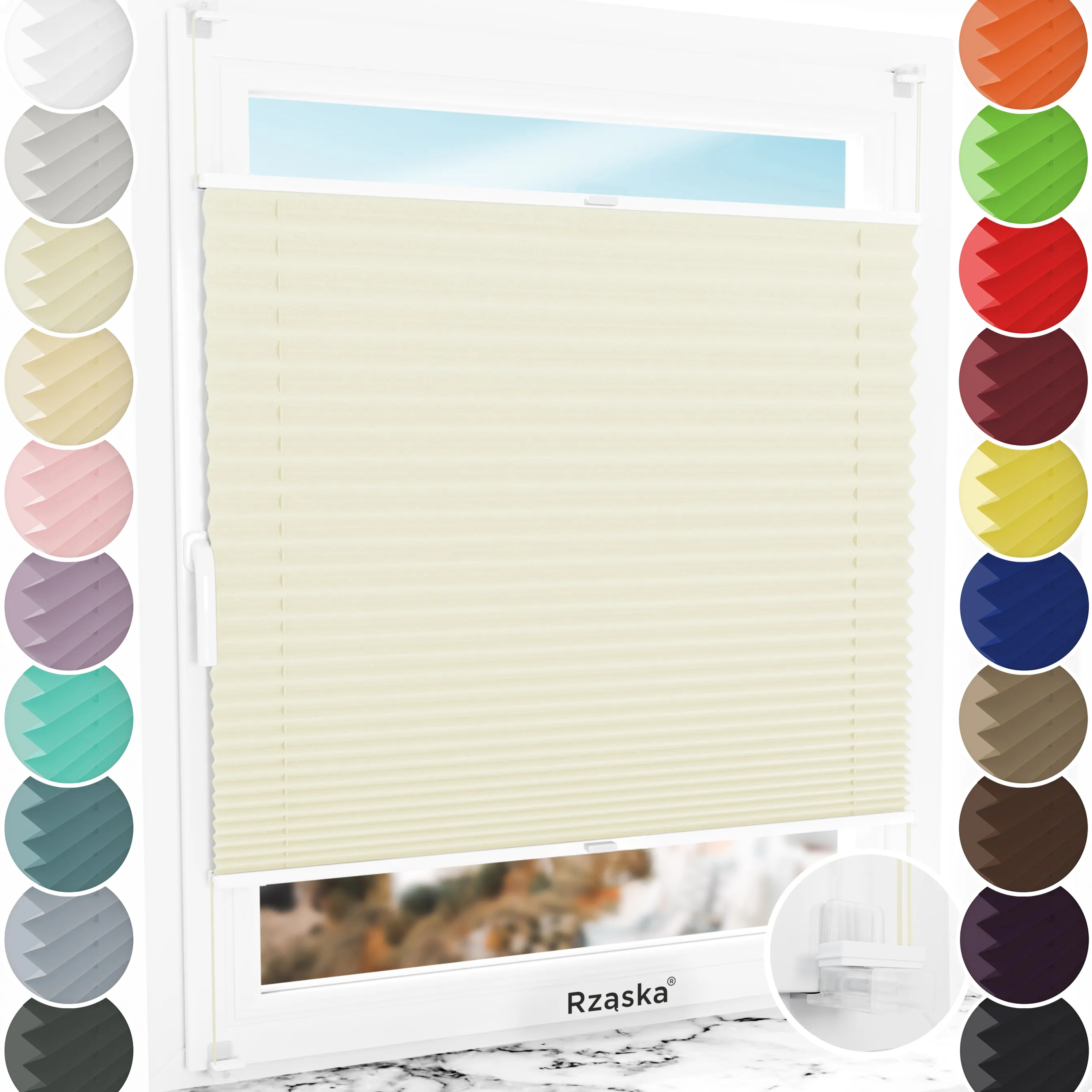 Bezinwazyjne plisy zaciemniające Rząska® na wymiar, uchwyty Risinfix Incognito X do zaciskania, kolekcja Thermo w kolorze Piaskowiec, beżowym z profilem białym.