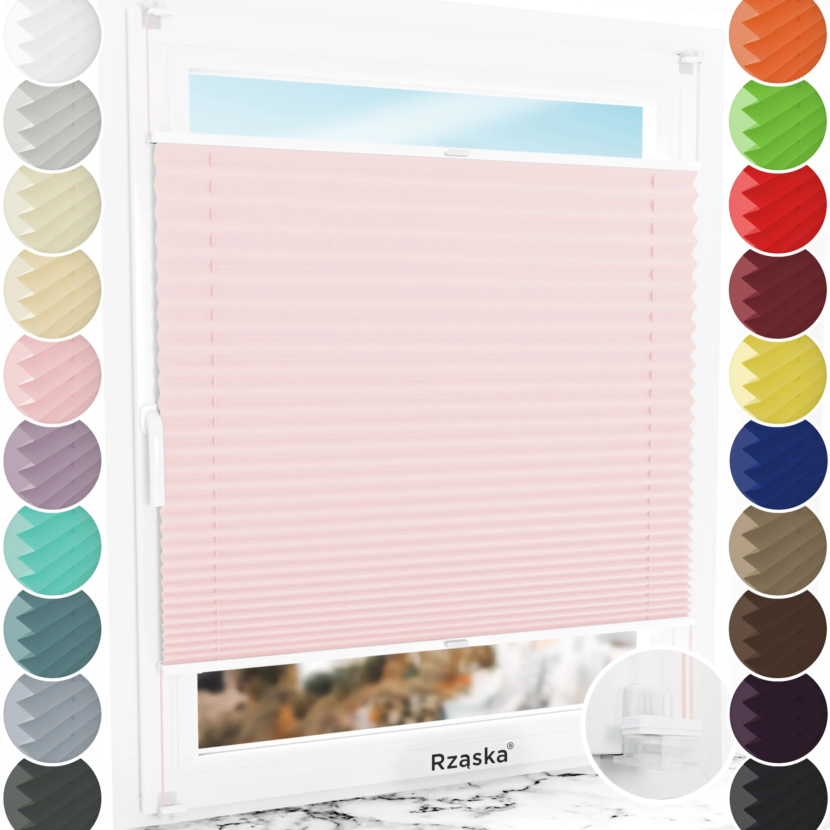 Bezinwazyjne plisy zaciemniające Rząska® na wymiar, uchwyty Risinfix Incognito X do zaciskania, kolekcja Thermo w kolorze Woda różana, różowym z profilem białym.