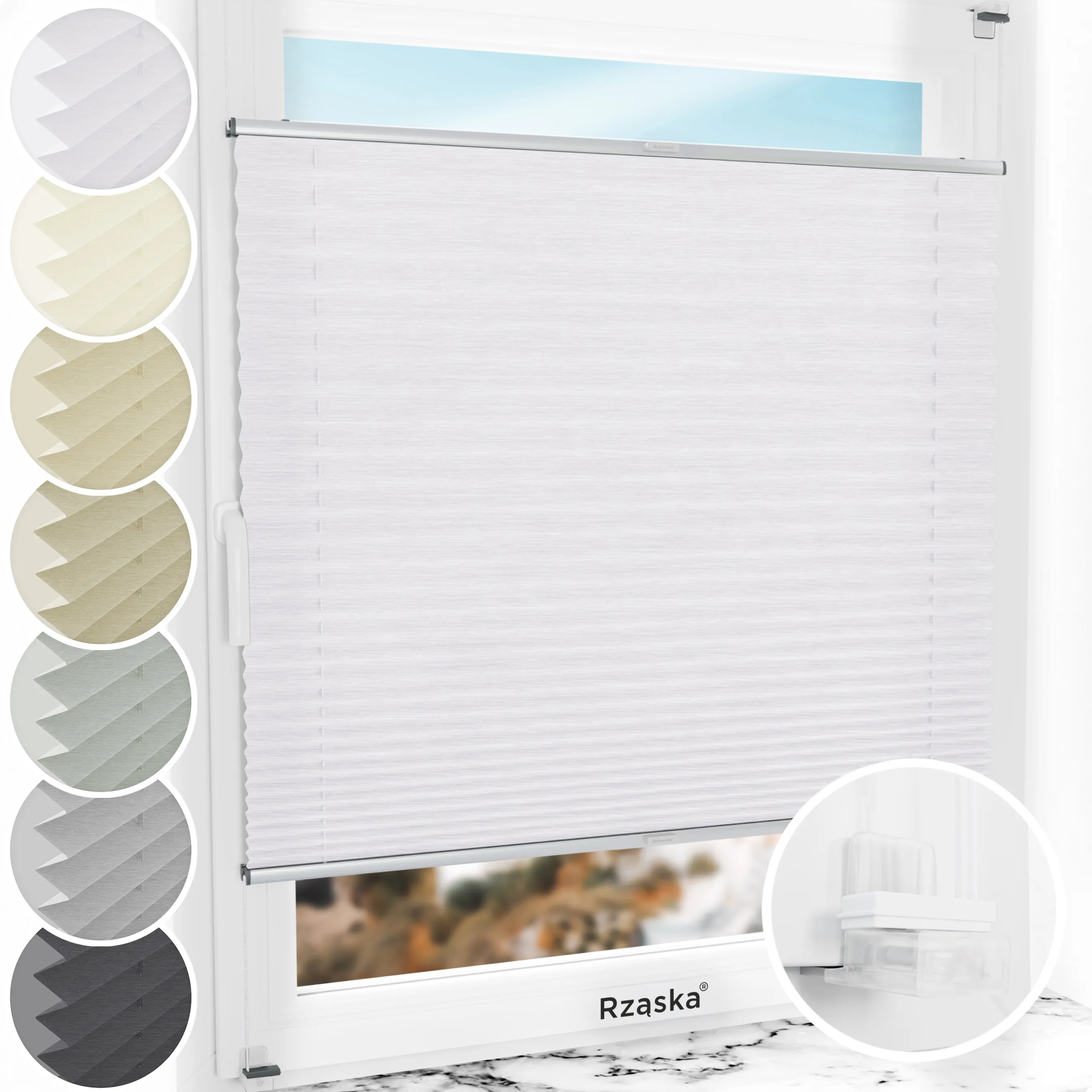 Bezinwazyjne plisy na okno Rząska® pod na wymiar, uchwyty Risinfix Incognito X do zaciskania, kolekcja Dolomite w kolorze Zimny poranek, szarym z profilem srebrnym.