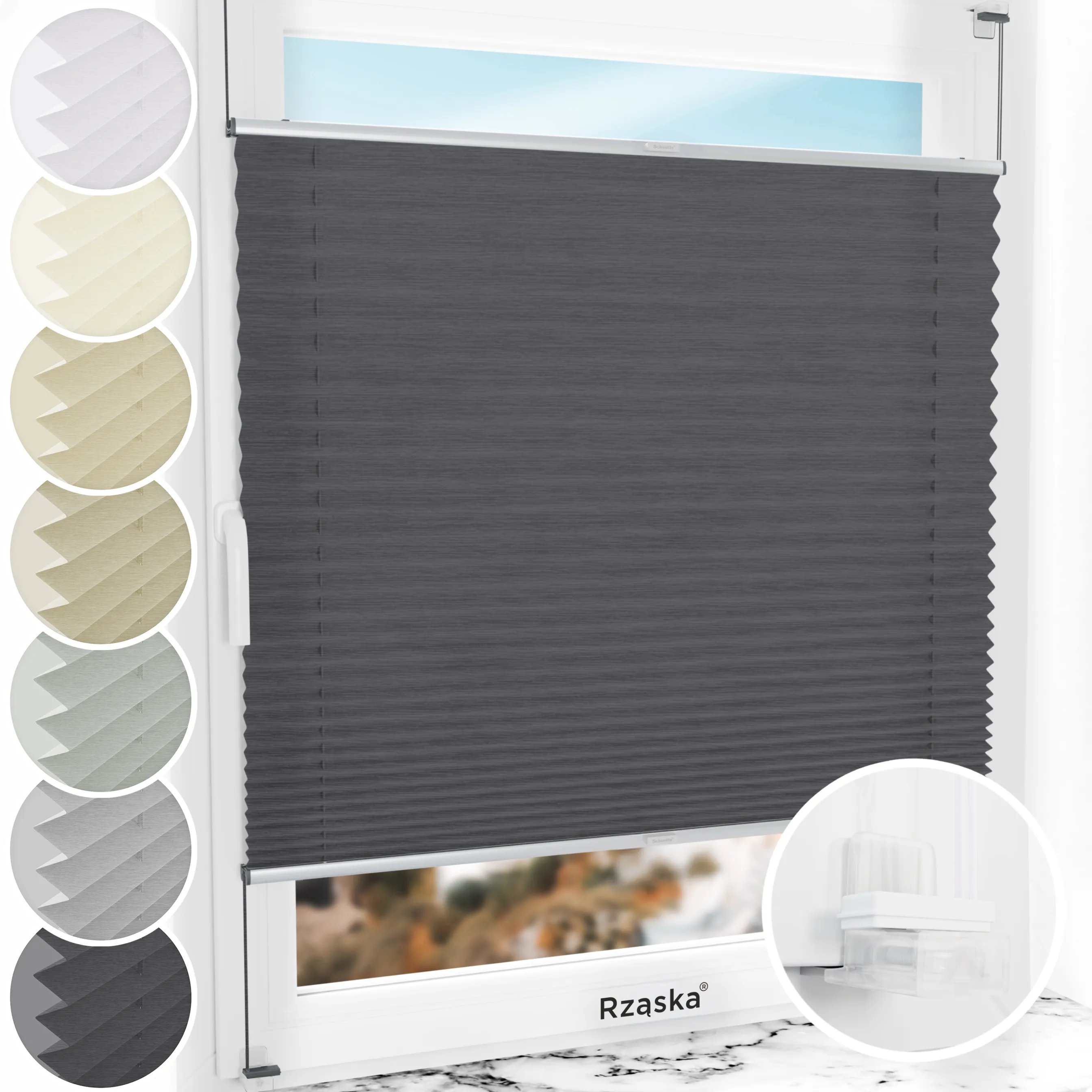 Bezinwazyjne plisy na okno Rząska® pod na wymiar, uchwyty Risinfix Incognito X do zaciskania, kolekcja Dolomite w kolorze Ciemny vintage, szarym z profilem srebrnym.