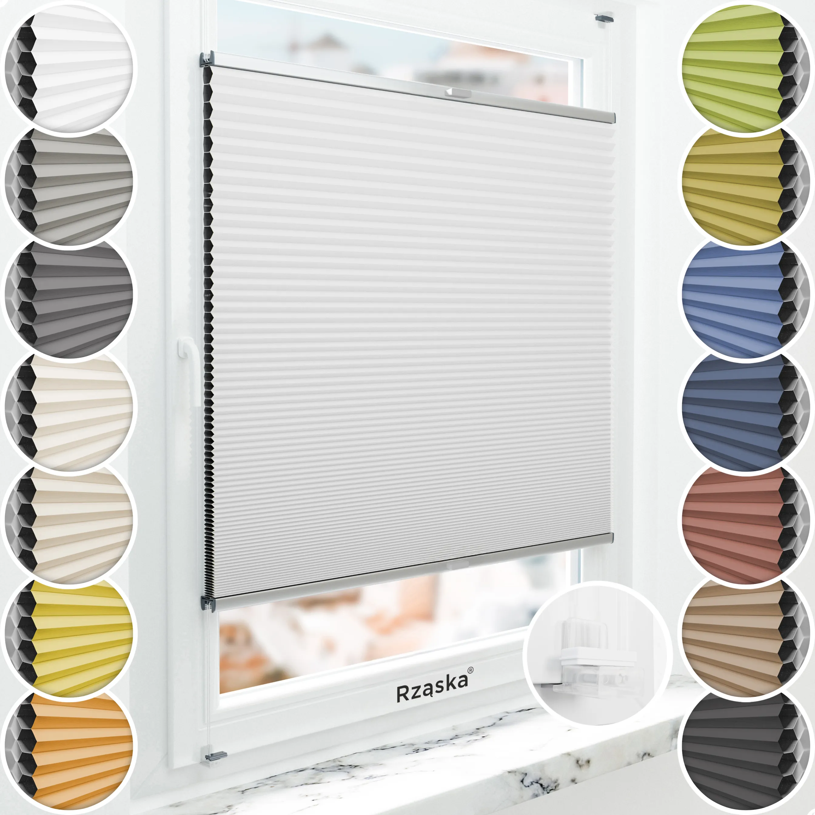 Bezinwazyjne plisy okienne Rząska® na wymiar o strukturze plastra miodu kolekcja Honeycomb w kolorze Światło księżyca, białym z profilem srebrnym.