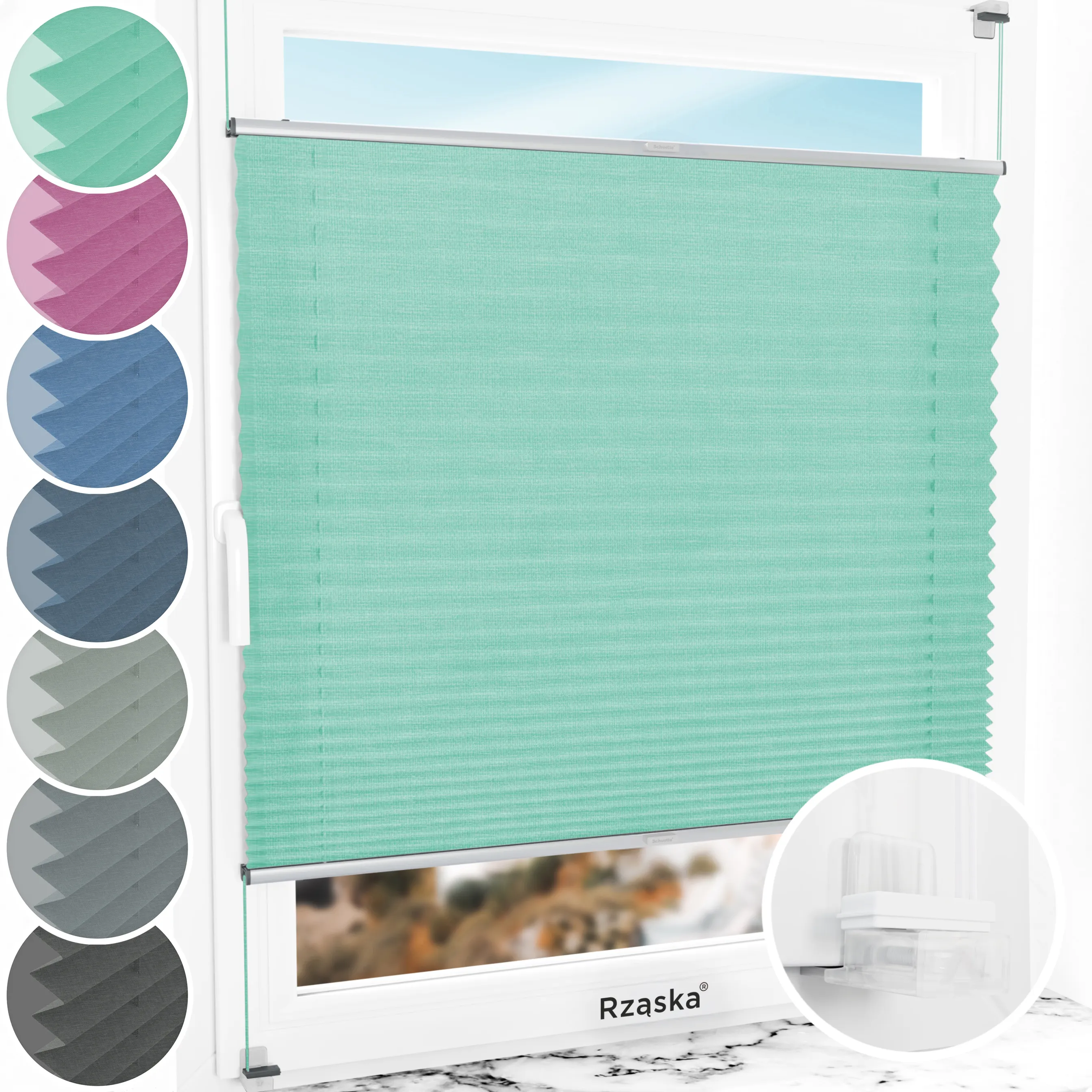 Bezinwazyjne plisy okienne Rząska® na wymiar, uchwyty Risinfix Incognito X do zaciskania, kolekcja Melange w kolorze Miętowe lody, zielonym z profilem srebrnym.