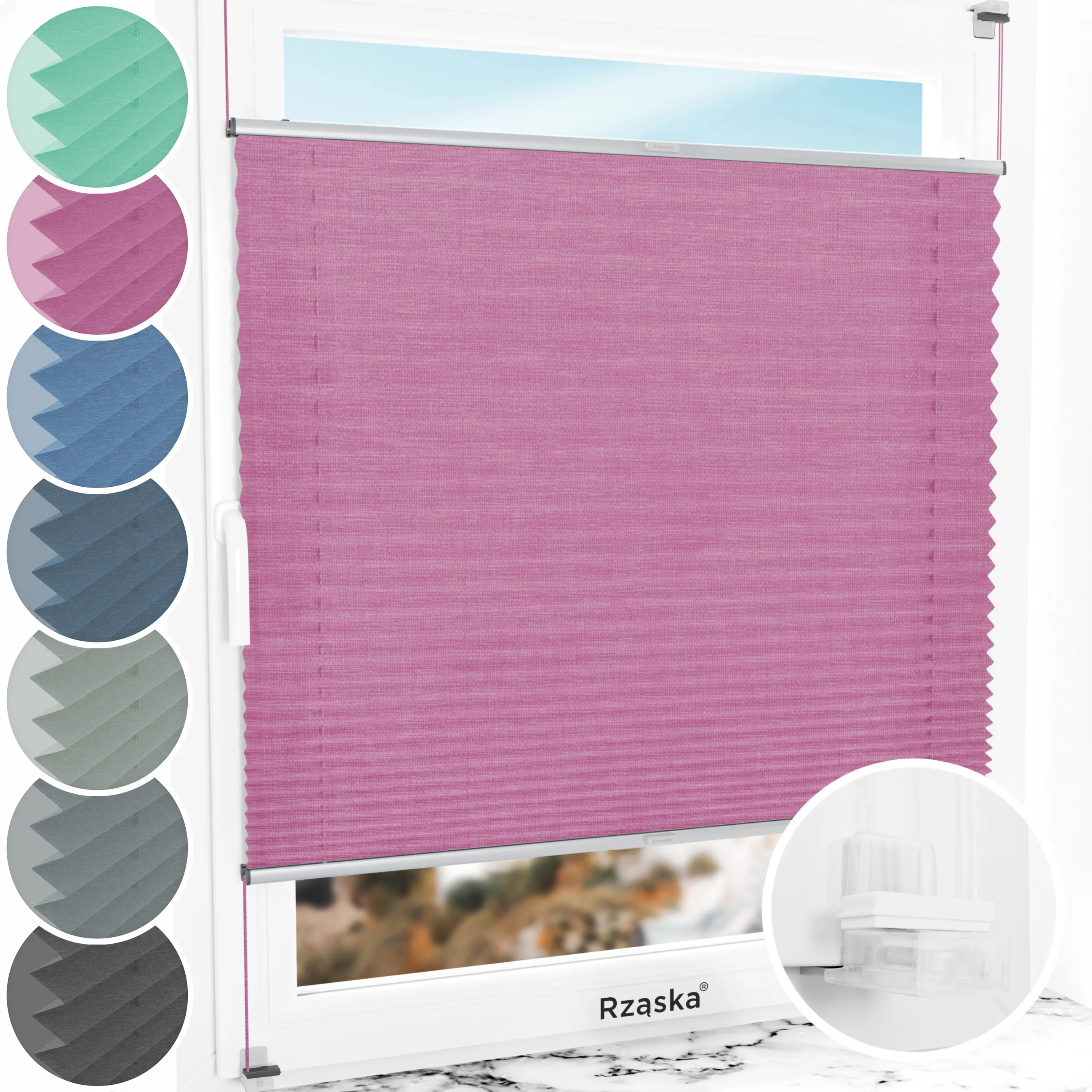Bezinwazyjne plisy okienne Rząska® na wymiar, uchwyty Risinfix Incognito X do zaciskania, kolekcja Melange w kolorze Magiczny róż, różowym z profilem srebrnym.