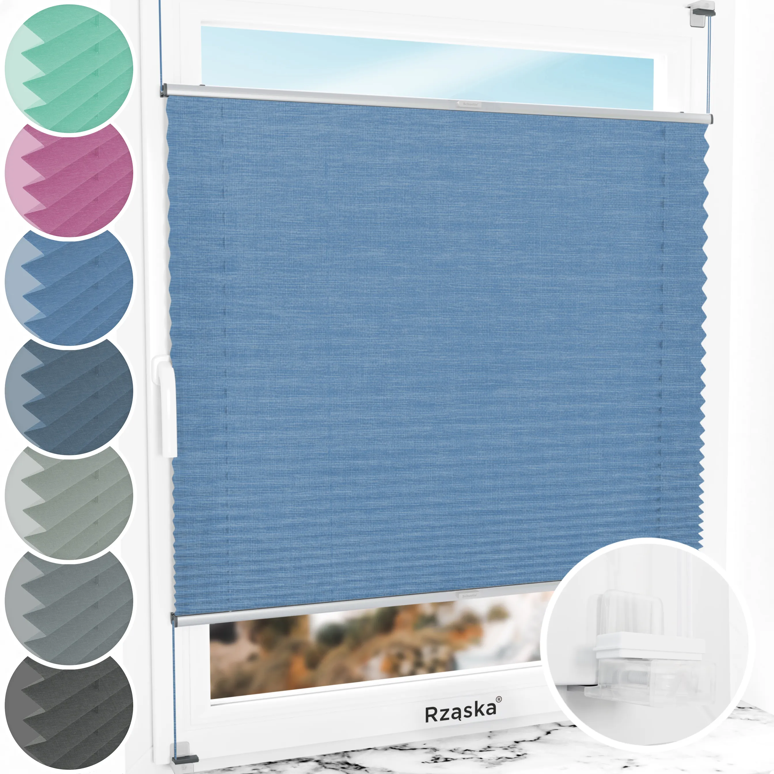 Bezinwazyjne plisy okienne Rząska® na wymiar, uchwyty Risinfix Incognito X do zaciskania, kolekcja Melange w kolorze Głębokie morze, niebieskim z profilem srebrnym.