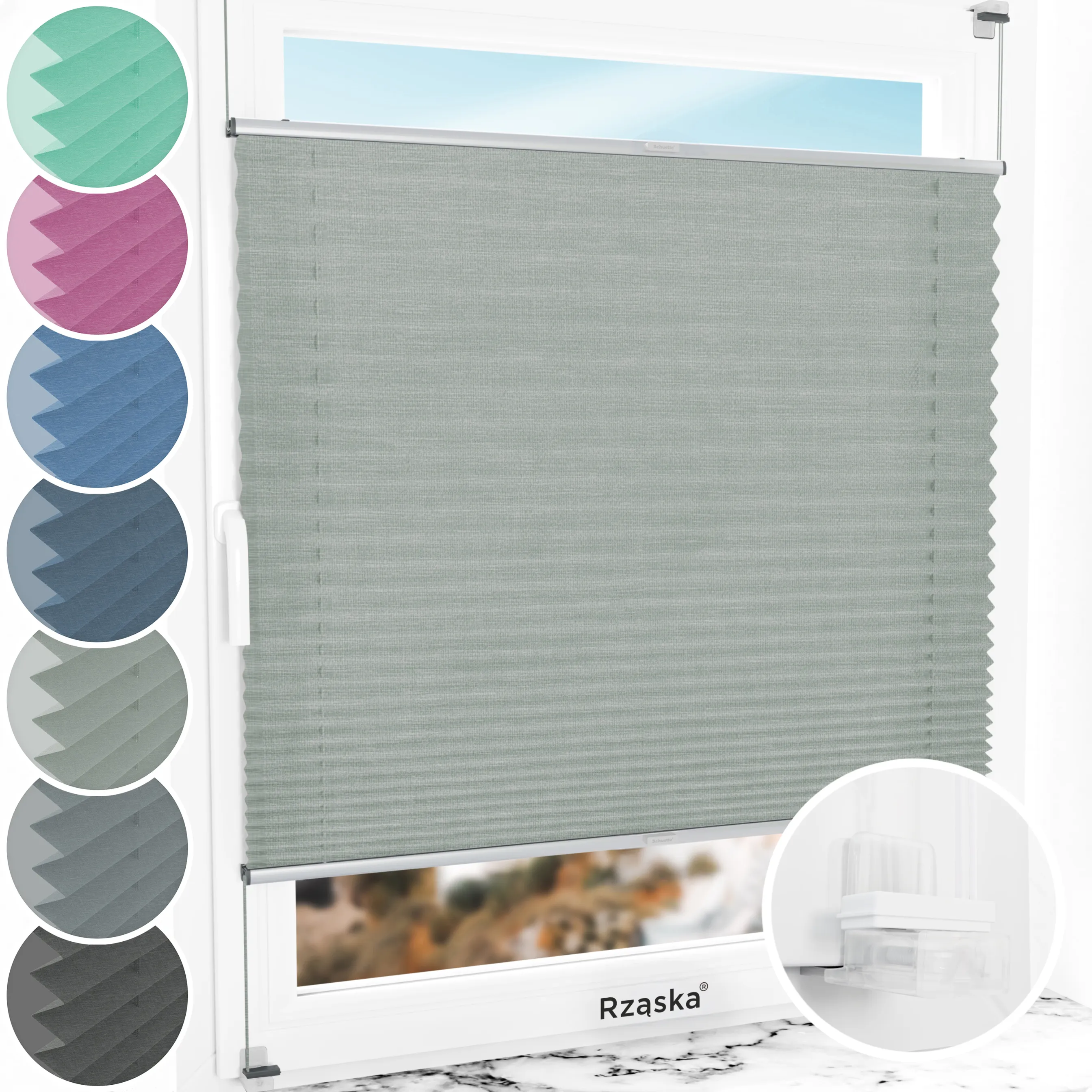 Bezinwazyjne plisy okienne Rząska® na wymiar, uchwyty Risinfix Incognito X do zaciskania, kolekcja Melange w kolorze W drodze, szarym z profilem srebrnym.