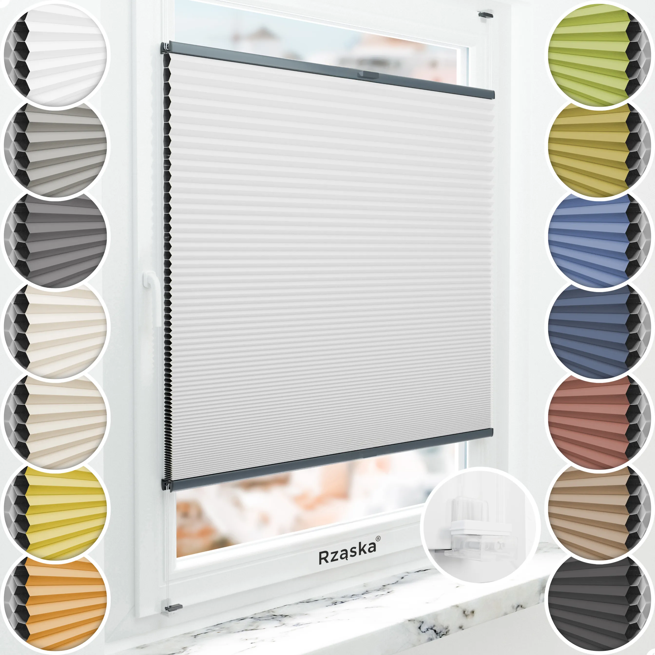 Bezinwazyjne plisy okienne Rząska® na wymiar o strukturze plastra miodu kolekcja Honeycomb w kolorze Światło księżyca, białym z profilem antracytowym.