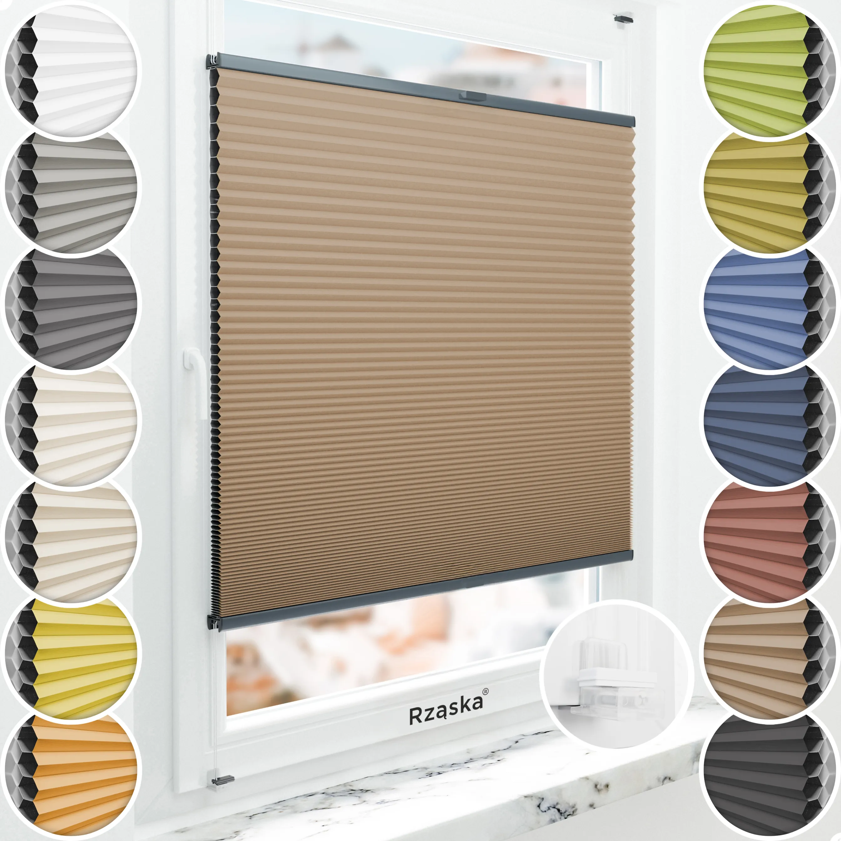 Bezinwazyjne plisy okienne Rząska® na wymiar o strukturze plastra miodu kolekcja Honeycomb w kolorze Drewno klonowe, brązowym z profilem antracytowym.
