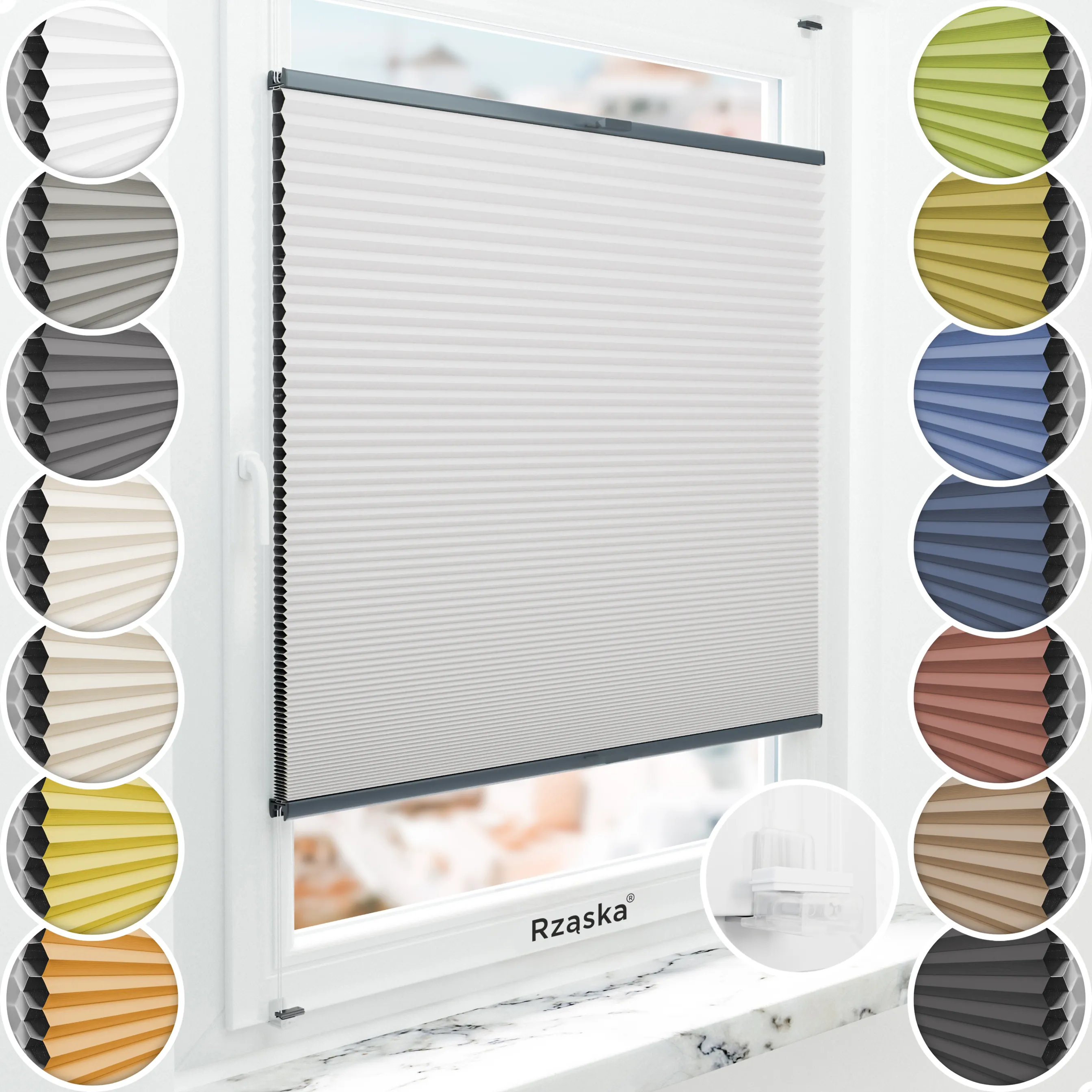 Bezinwazyjne plisy okienne Rząska® na wymiar o strukturze plastra miodu kolekcja Honeycomb w kolorze Szary Dotyk, pastelowy szary z profilem antracytowym.