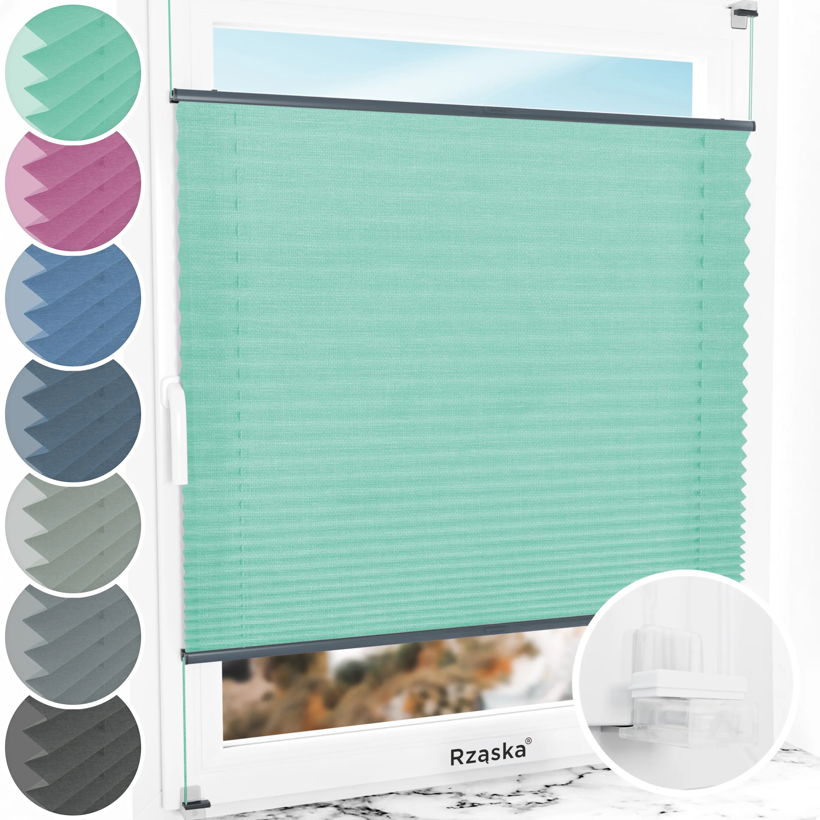 Bezinwazyjne plisy okienne Rząska® na wymiar, uchwyty Risinfix Incognito X do zaciskania, kolekcja Melange w kolorze Miętowe lody, zielonym z profilem antracytowym.