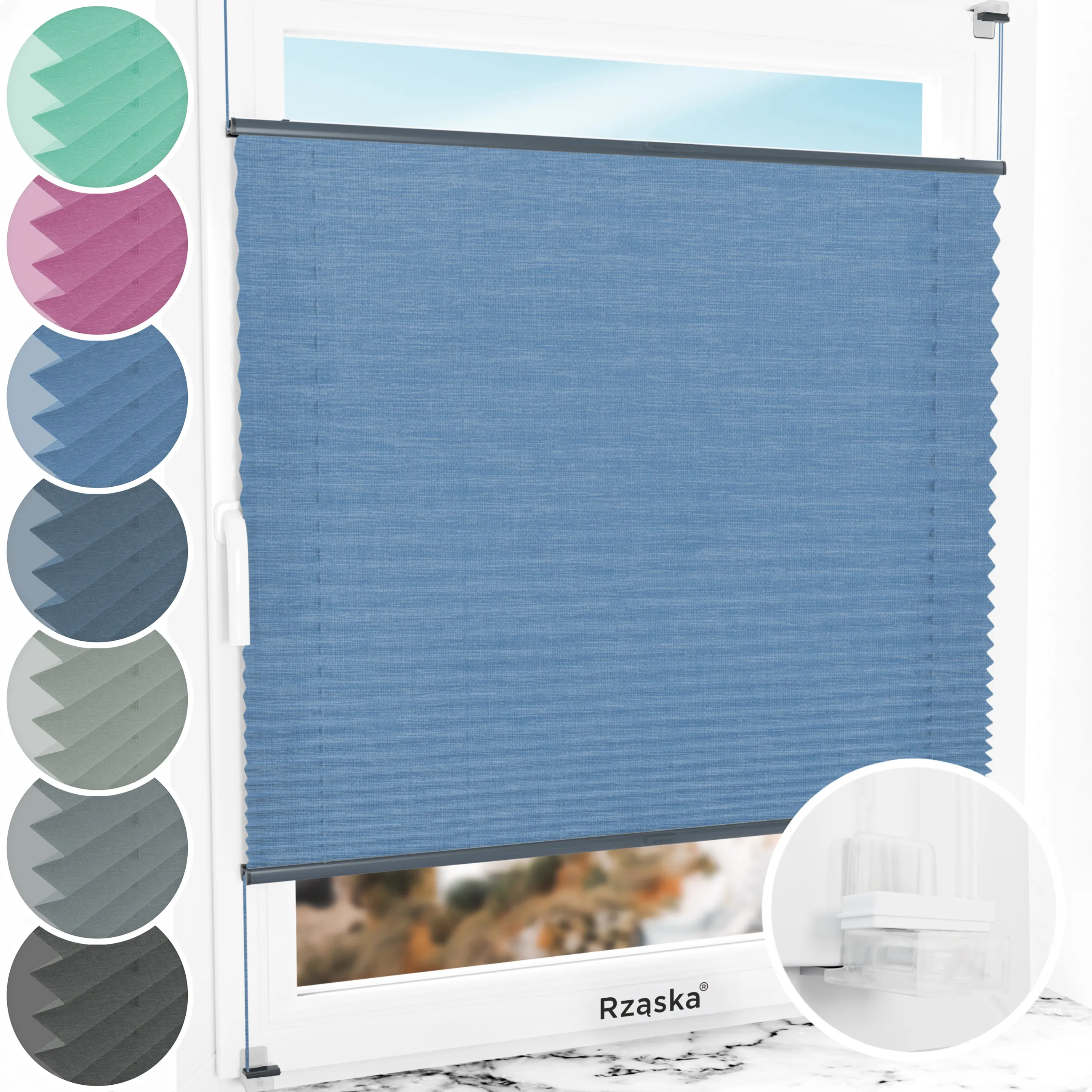 Bezinwazyjne plisy okienne Rząska® na wymiar, uchwyty Risinfix Incognito X do zaciskania, kolekcja Melange w kolorze Głębokie morze, niebieskim z profilem antracytowym.