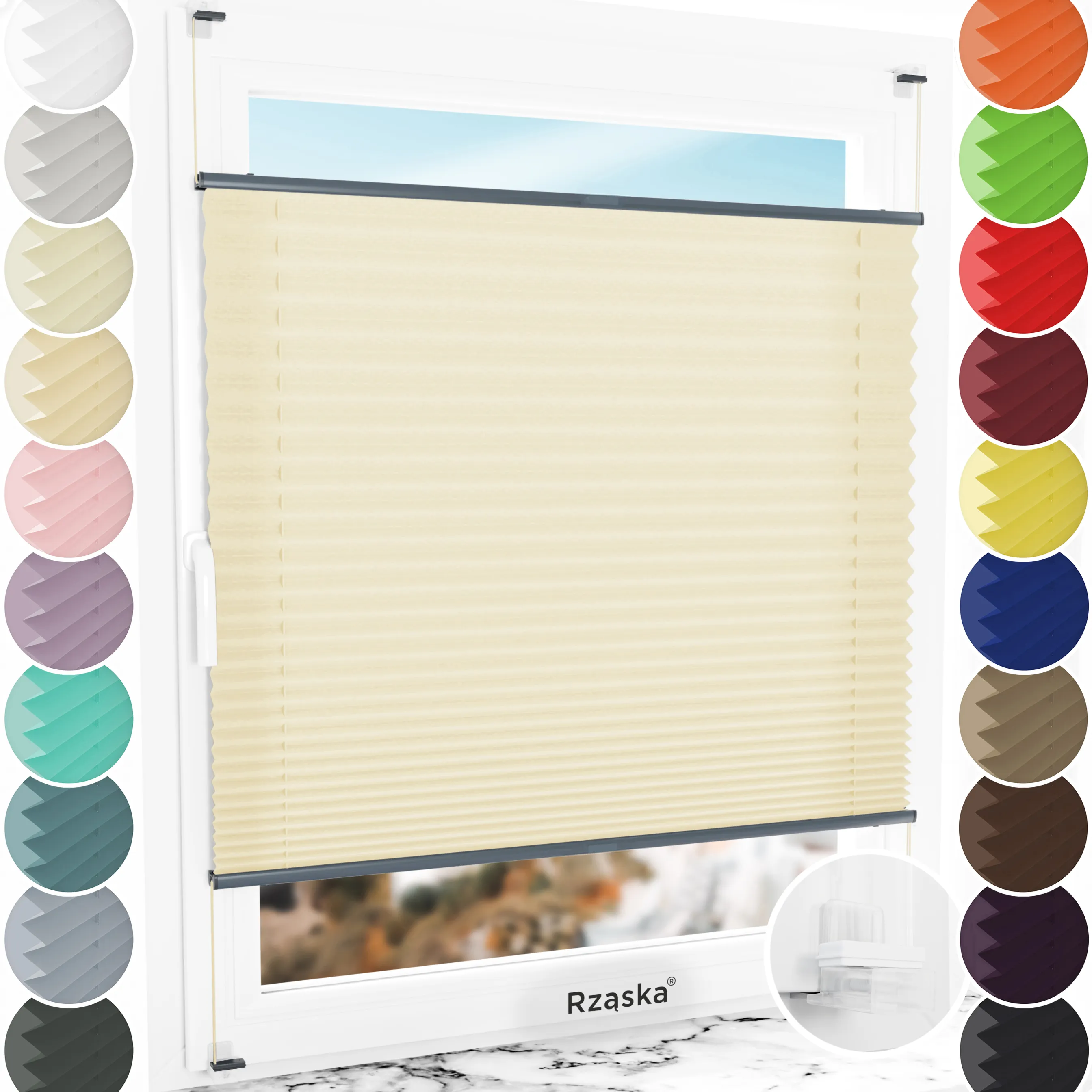 Bezinwazyjne plisy okienne Rząska® na wymiar, uchwyty Risinfix Incognito X do zaciskania, kolekcja Premium w kolorze Piasek Sahary, beżowym z profilem antracytowym.