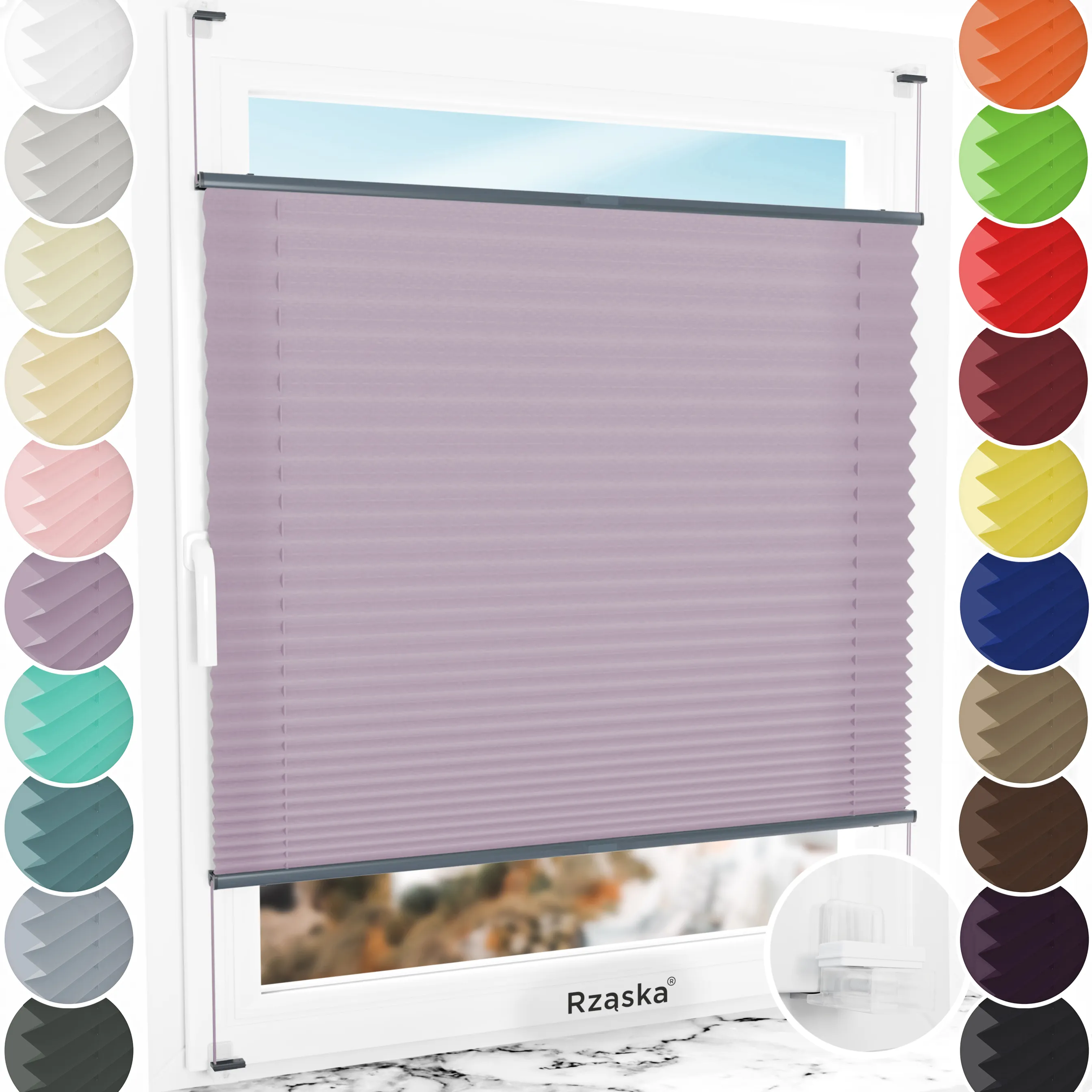 Bezinwazyjne plisy okienne Rząska® na wymiar, uchwyty Risinfix Incognito X do zaciskania, kolekcja Premium w kolorze Śliwkowy urok, flioletowym z profilem antracytowym.