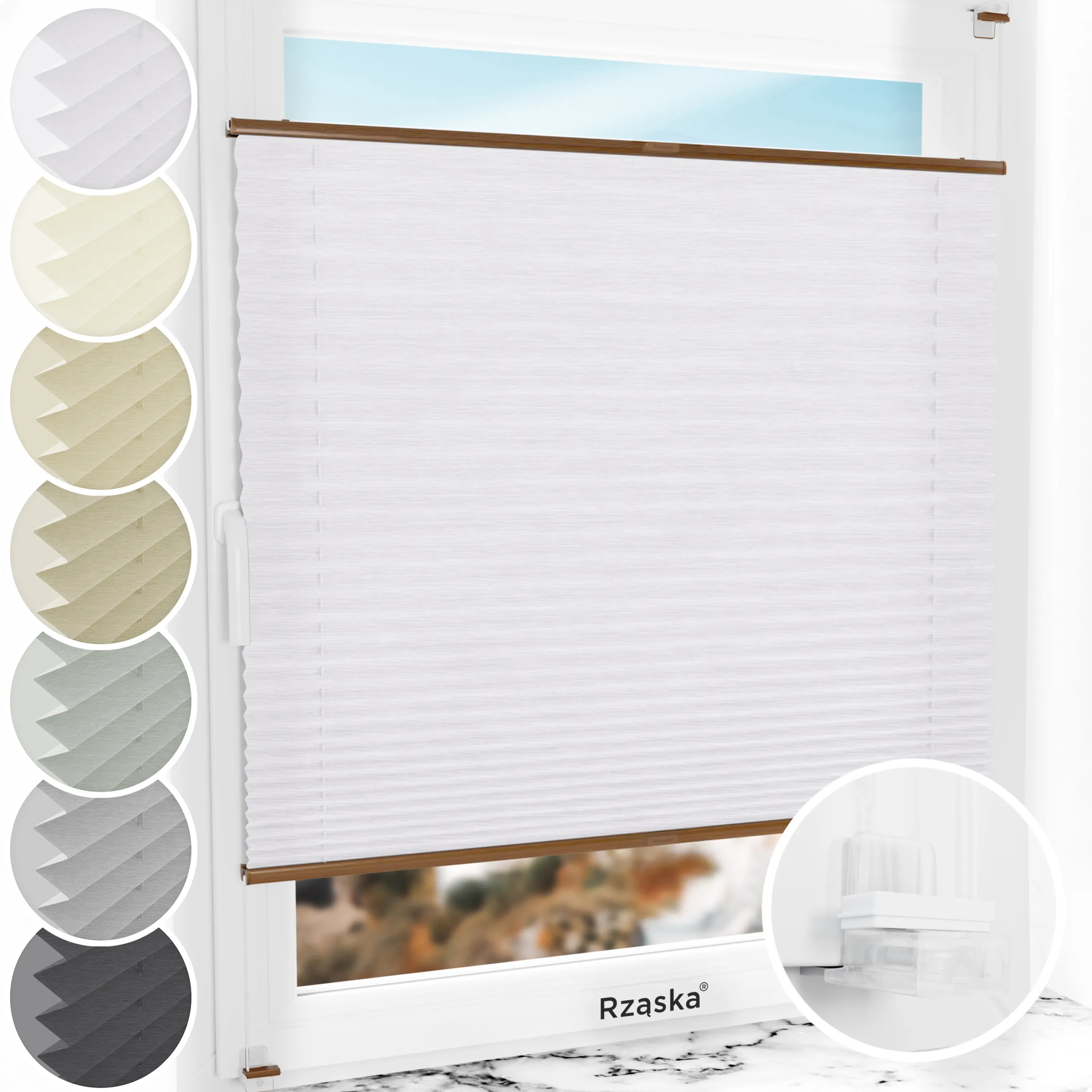 Bezinwazyjne plisy na okno Rząska® pod na wymiar, uchwyty Risinfix Incognito X do zaciskania, kolekcja Dolomite w kolorze Zimny poranek, szarym z profilem dębowym.