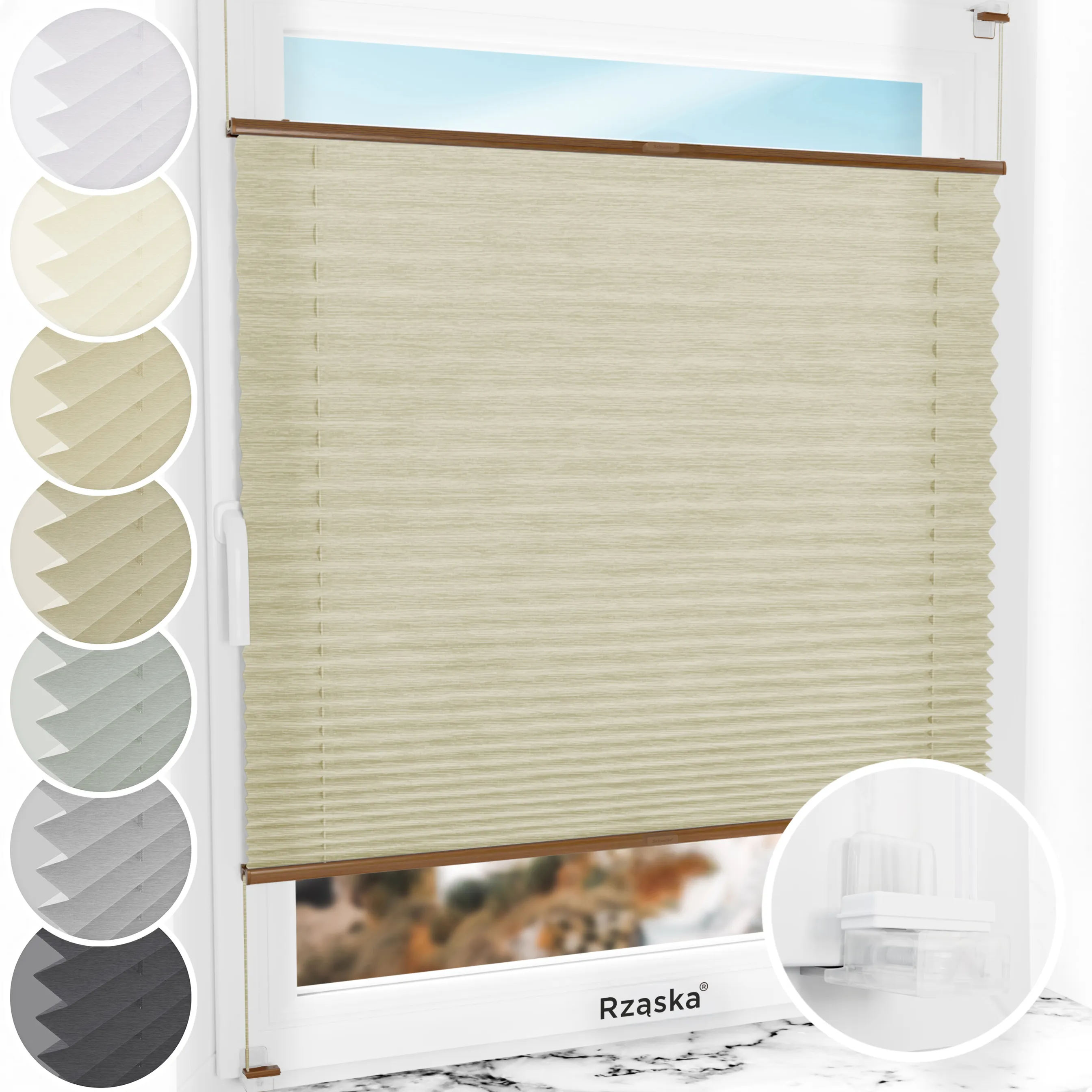 Bezinwazyjne plisy na okno Rząska® pod na wymiar, uchwyty Risinfix Incognito X do zaciskania, kolekcja Dolomite w kolorze Lekka kawa, beżowym z profilem dębowym.