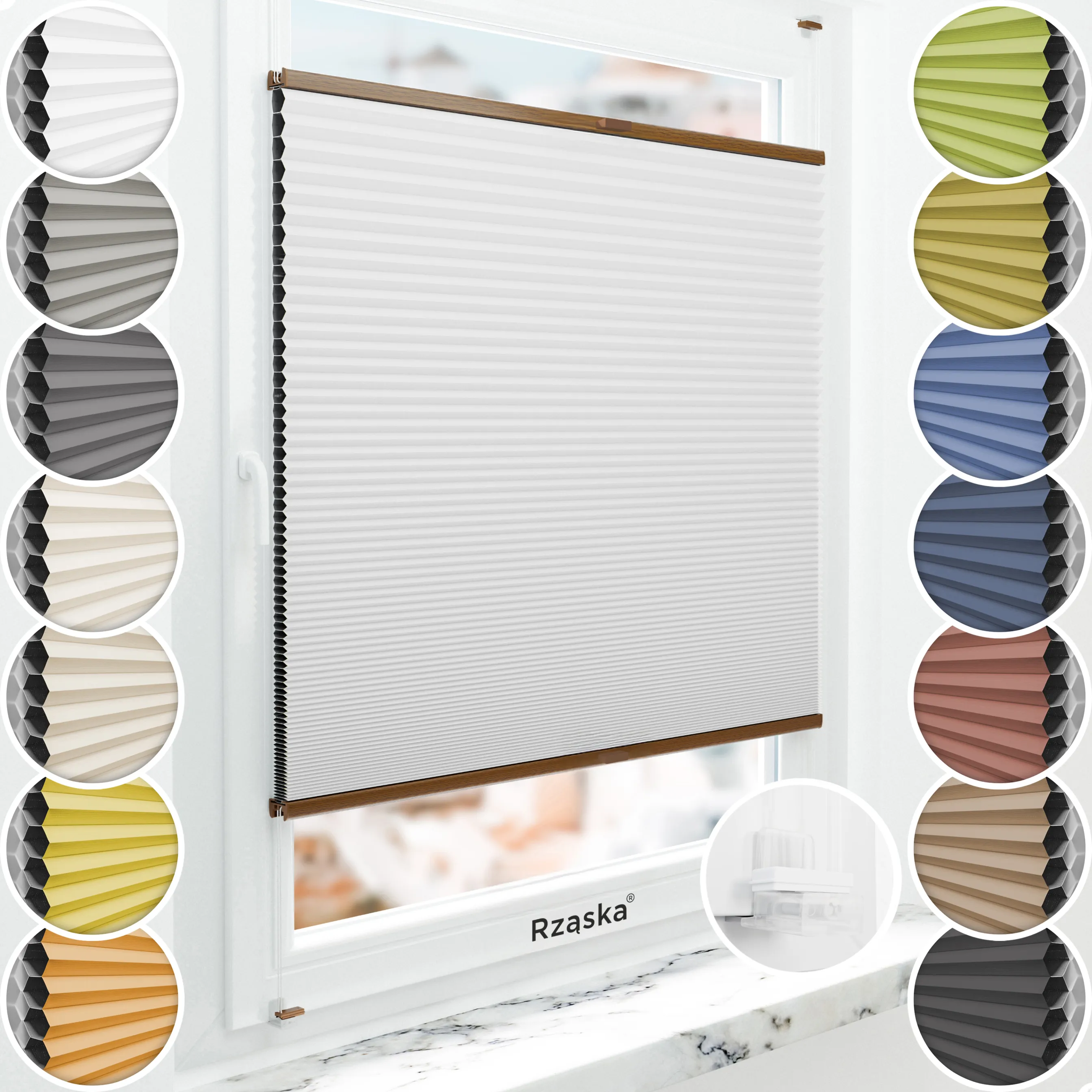 Bezinwazyjne plisy okienne Rząska® na wymiar o strukturze plastra miodu kolekcja Honeycomb w kolorze Światło księżyca, białym z profilem dębowym.