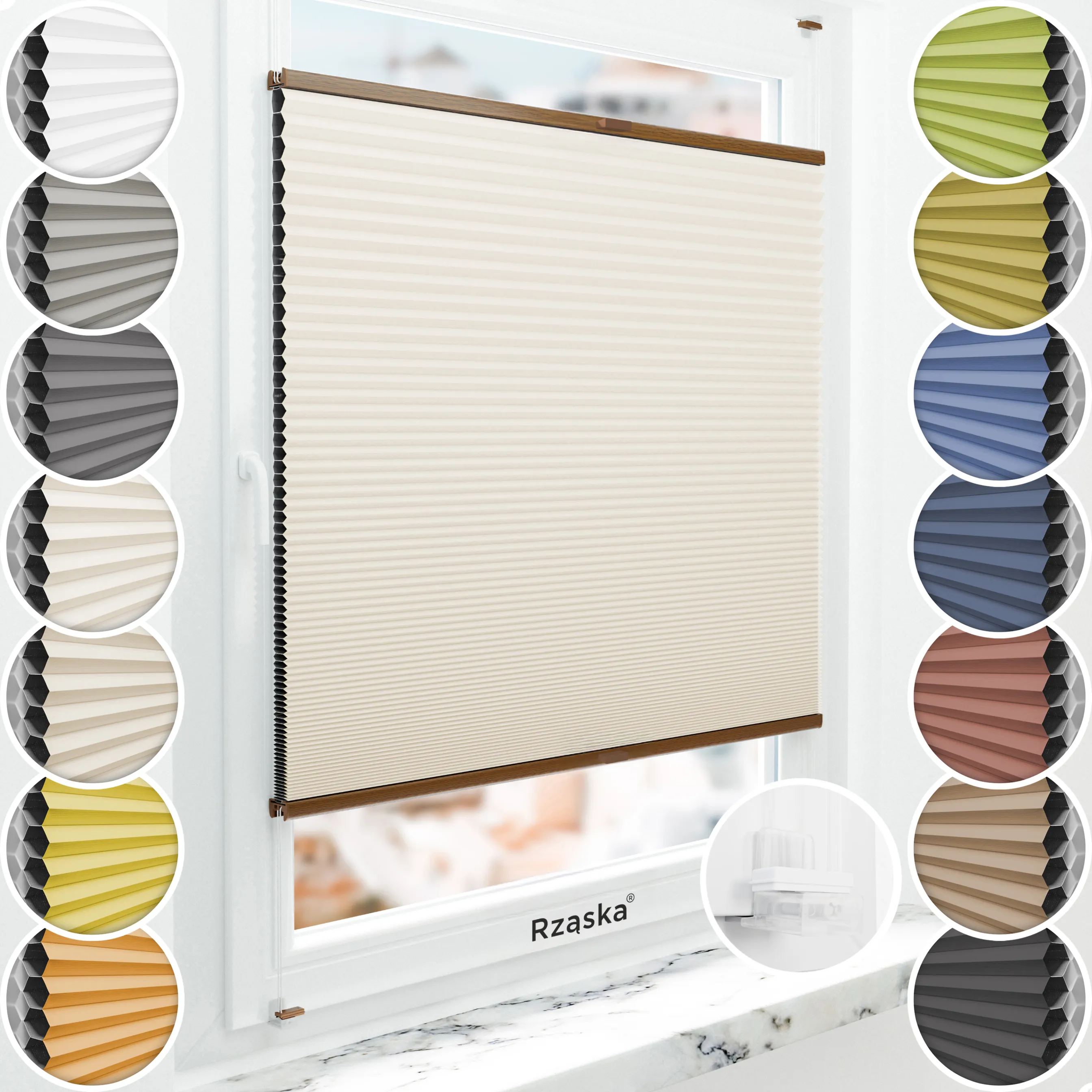 Bezinwazyjne plisy okienne Rząska® na wymiar o strukturze plastra miodu kolekcja Honeycomb w kolorze Spokojne wybrzeże, beżowym z profilem dębowym.