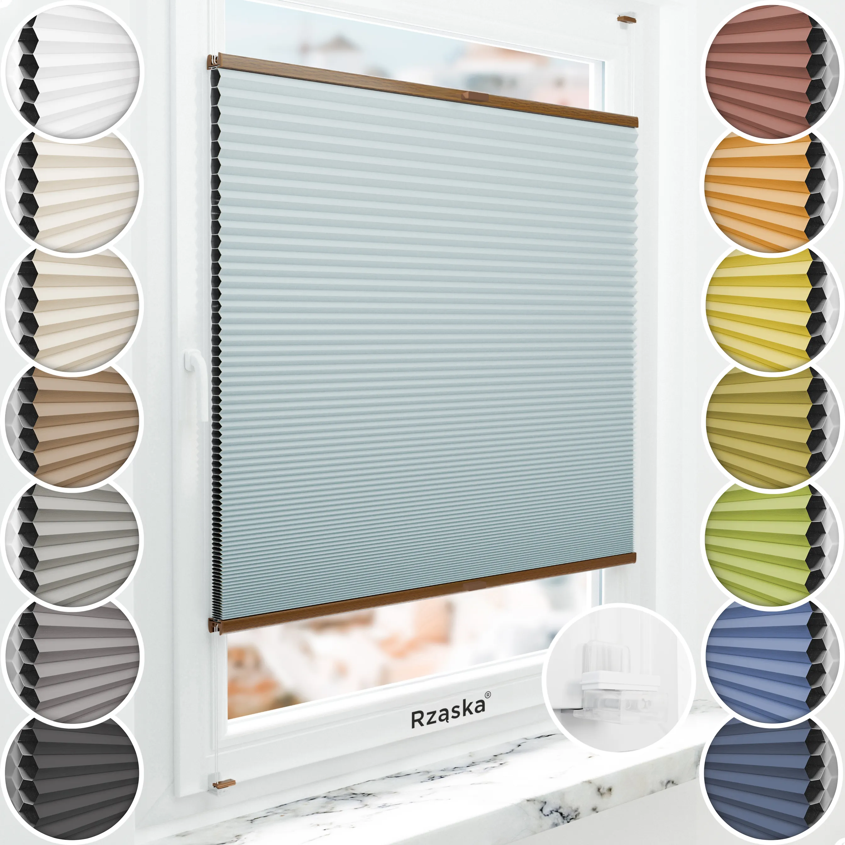 Bezinwazyjne plisy okienne Rząska® na wymiar o strukturze plastra miodu kolekcja Honeycomb w kolorze Siódme niebo, pastolowy błękit z profilem dębowym.