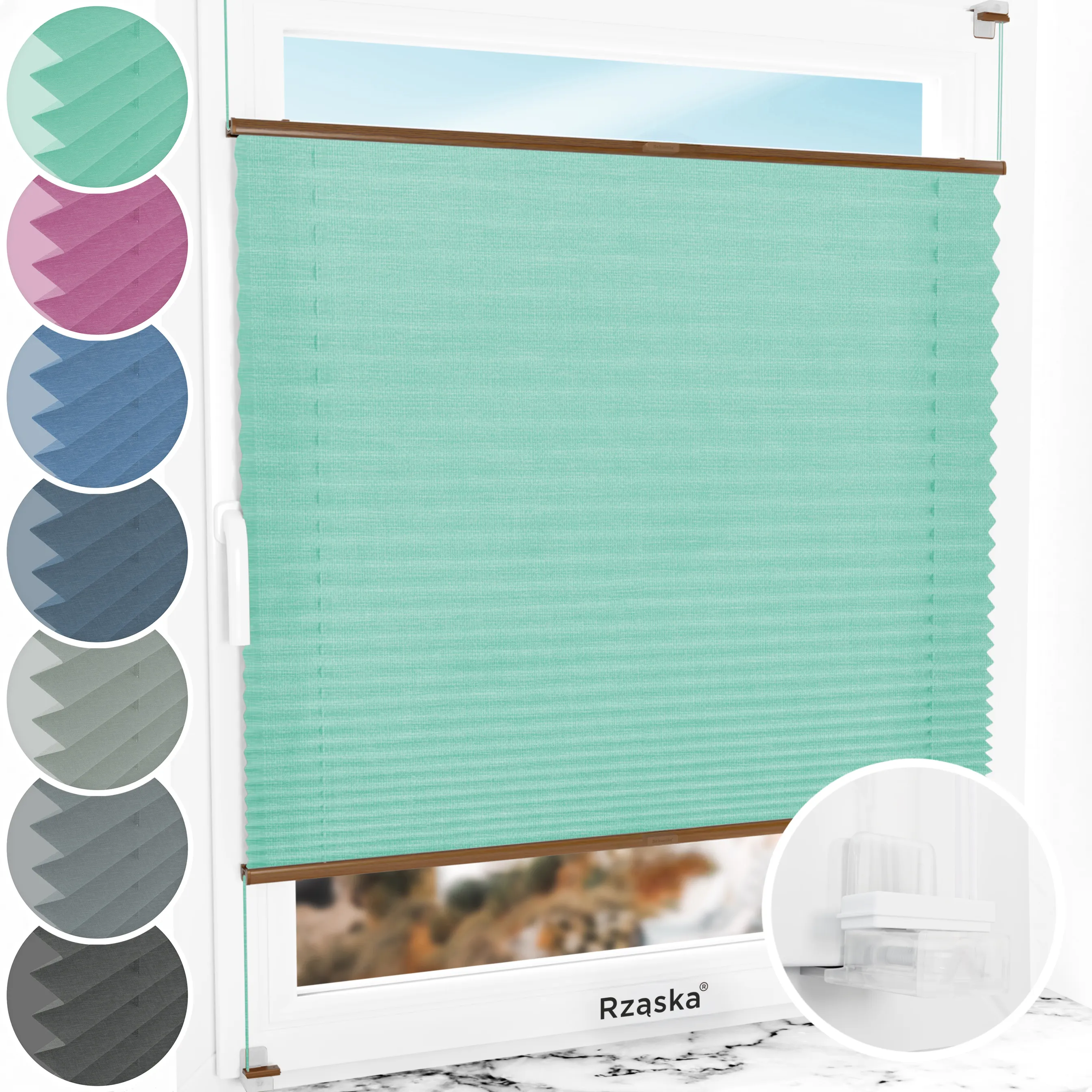 Bezinwazyjne plisy okienne Rząska® na wymiar, uchwyty Risinfix Incognito X do zaciskania, kolekcja Melange w kolorze Miętowe lody, zielonym z profilem dębowym.