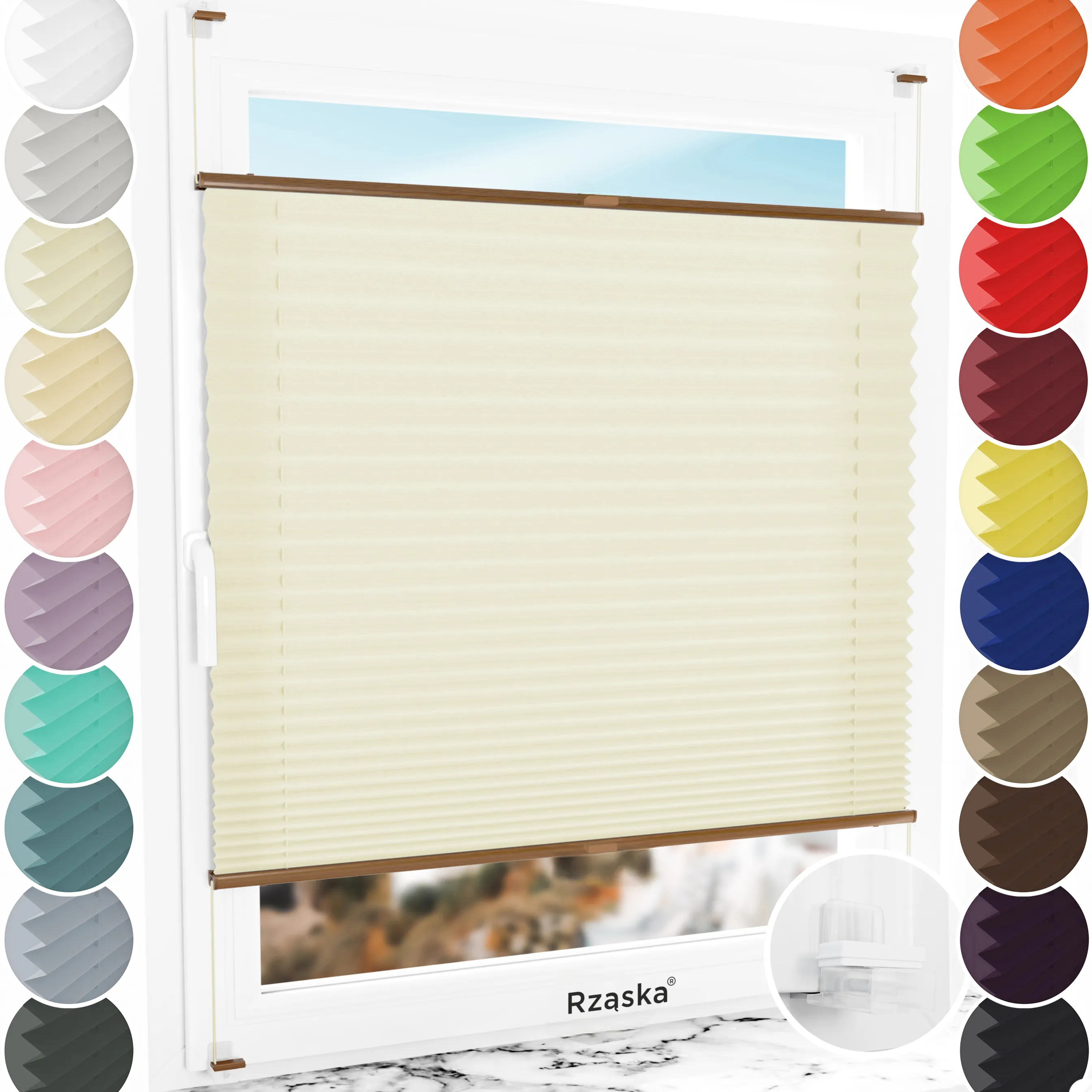 Bezinwazyjne plisy okienne Rząska® na wymiar, uchwyty Risinfix Incognito X do zaciskania, kolekcja Premium w kolorze Lody waniliowe, kremowym z profilem dębowym.
