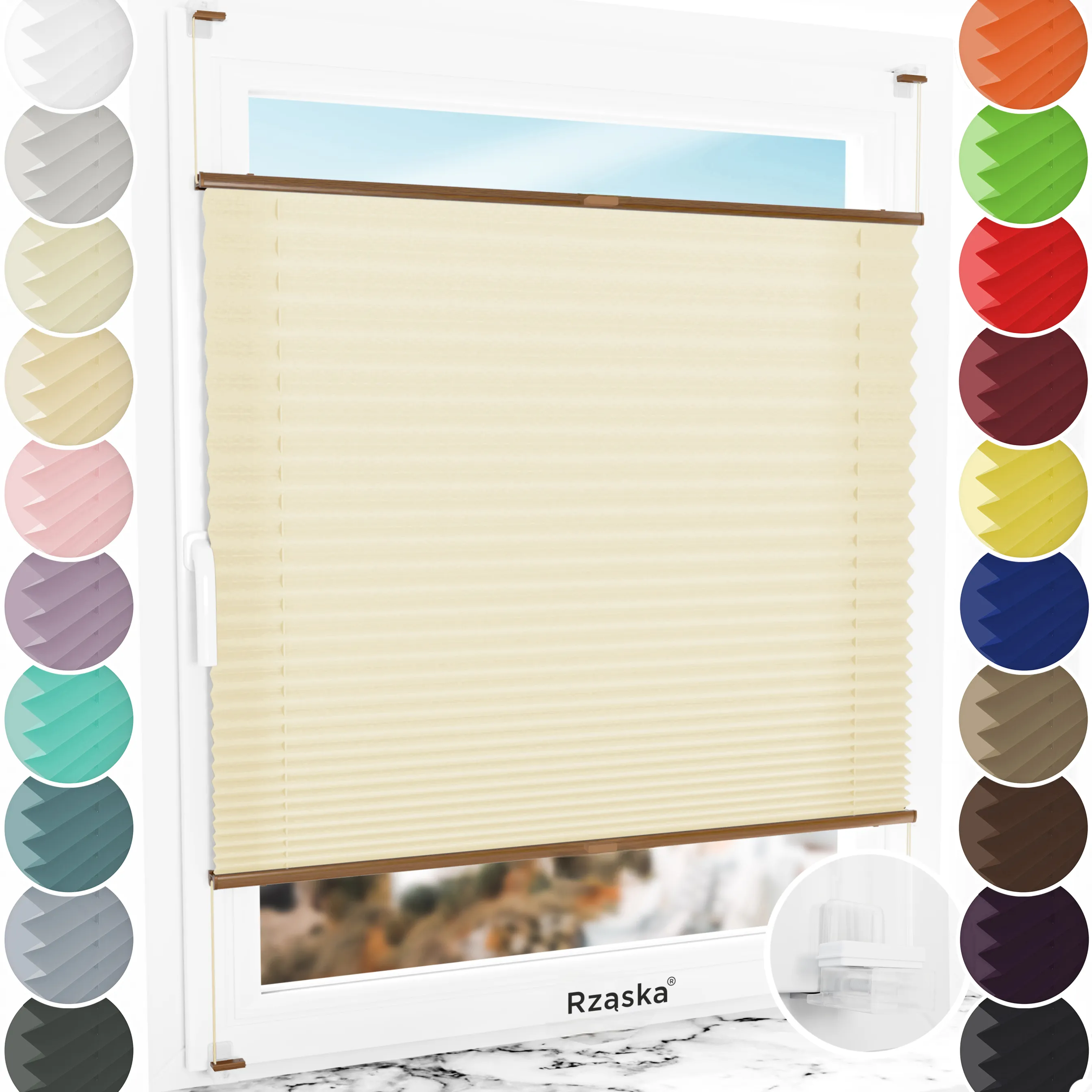 Bezinwazyjne plisy okienne Rząska® na wymiar, uchwyty Risinfix Incognito X do zaciskania, kolekcja Premium w kolorze Piasek Sahary, beżowym z profilem dębowym.