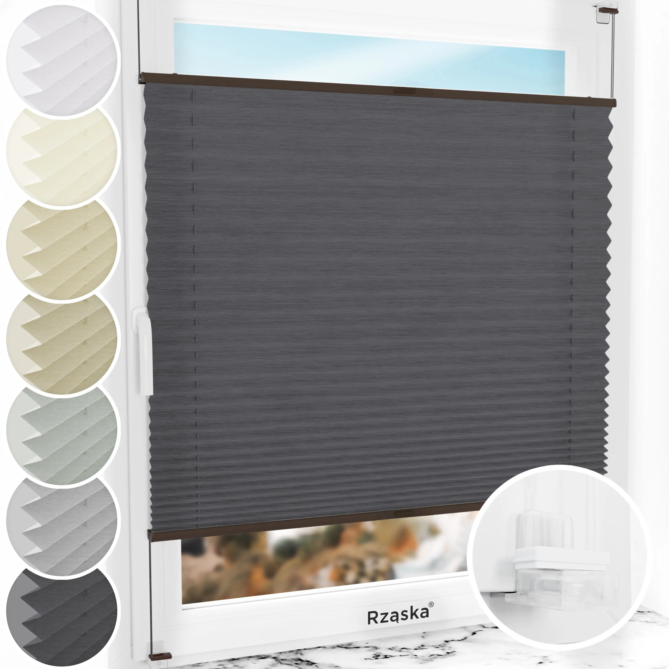 Bezinwazyjne plisy na okno Rząska® pod na wymiar, uchwyty Risinfix Incognito X do zaciskania, kolekcja Dolomite w kolorze Ciemny vintage, szarym z profilem orzechowym.