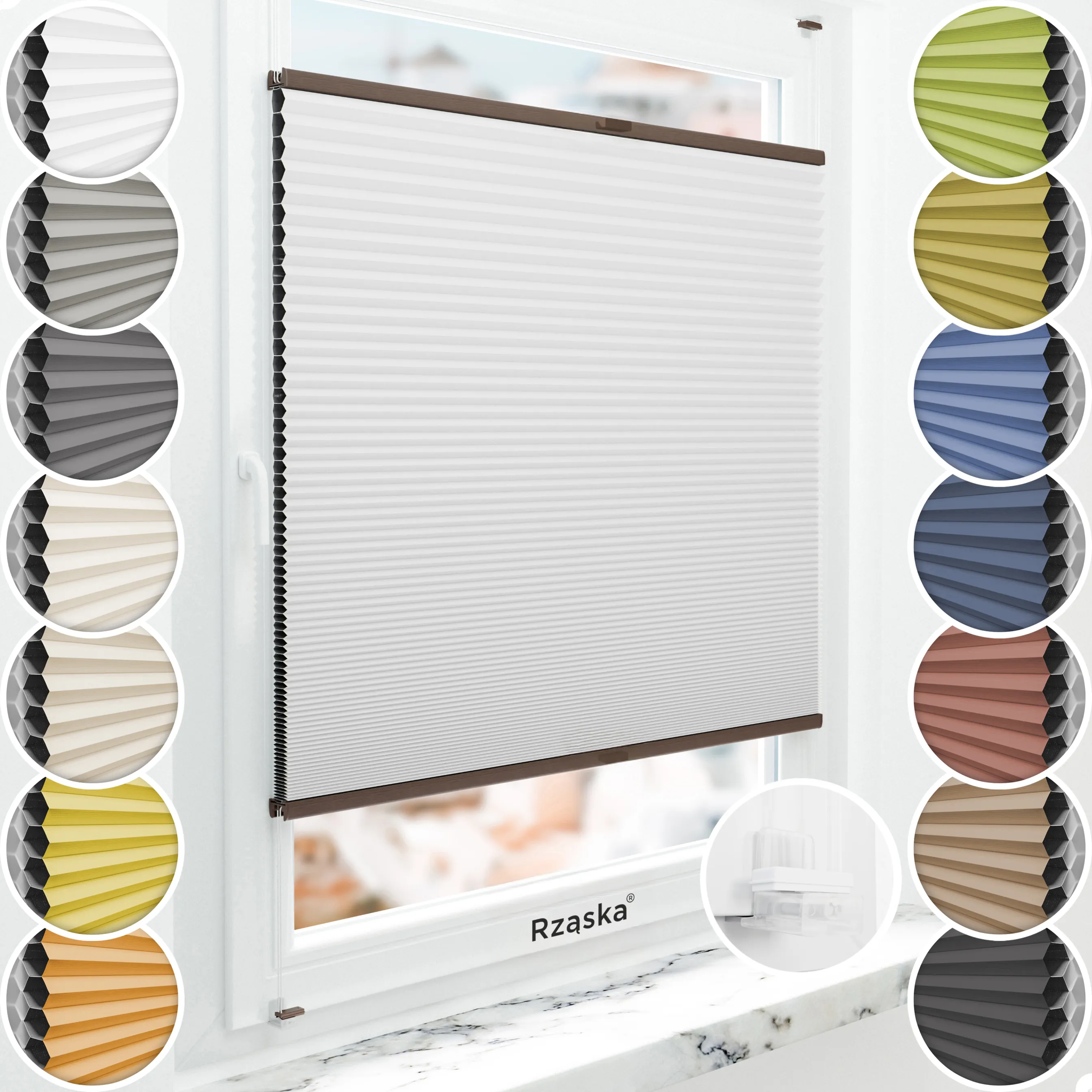 Bezinwazyjne plisy okienne Rząska® na wymiar o strukturze plastra miodu kolekcja Honeycomb w kolorze Światło księżyca, białym z profilem orzechowym.