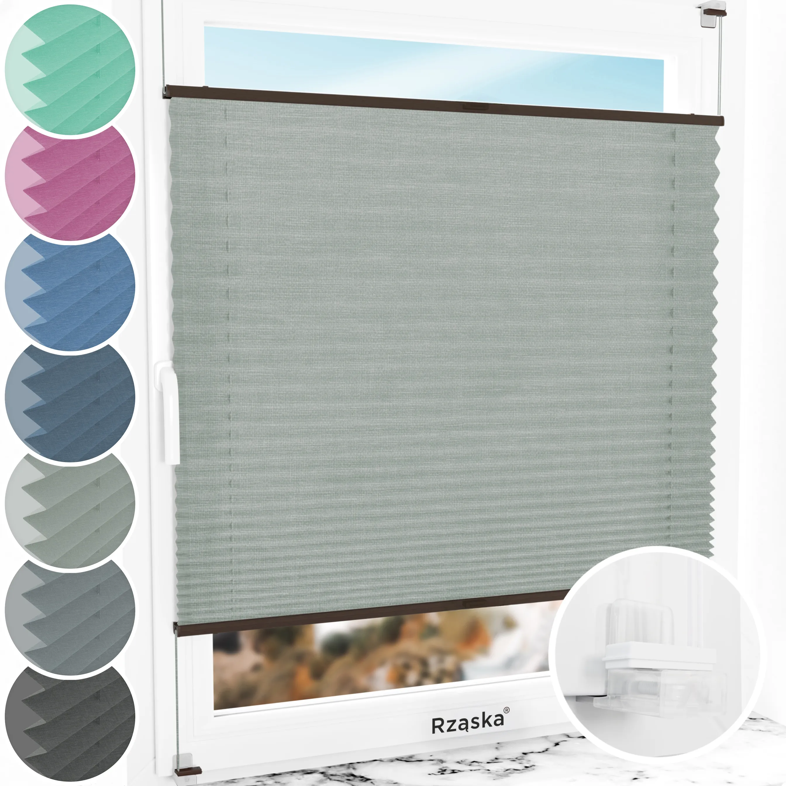 Bezinwazyjne plisy okienne Rząska® na wymiar, uchwyty Risinfix Incognito X do zaciskania, kolekcja Melange w kolorze W drodze, szarym z profilem orzechowym.