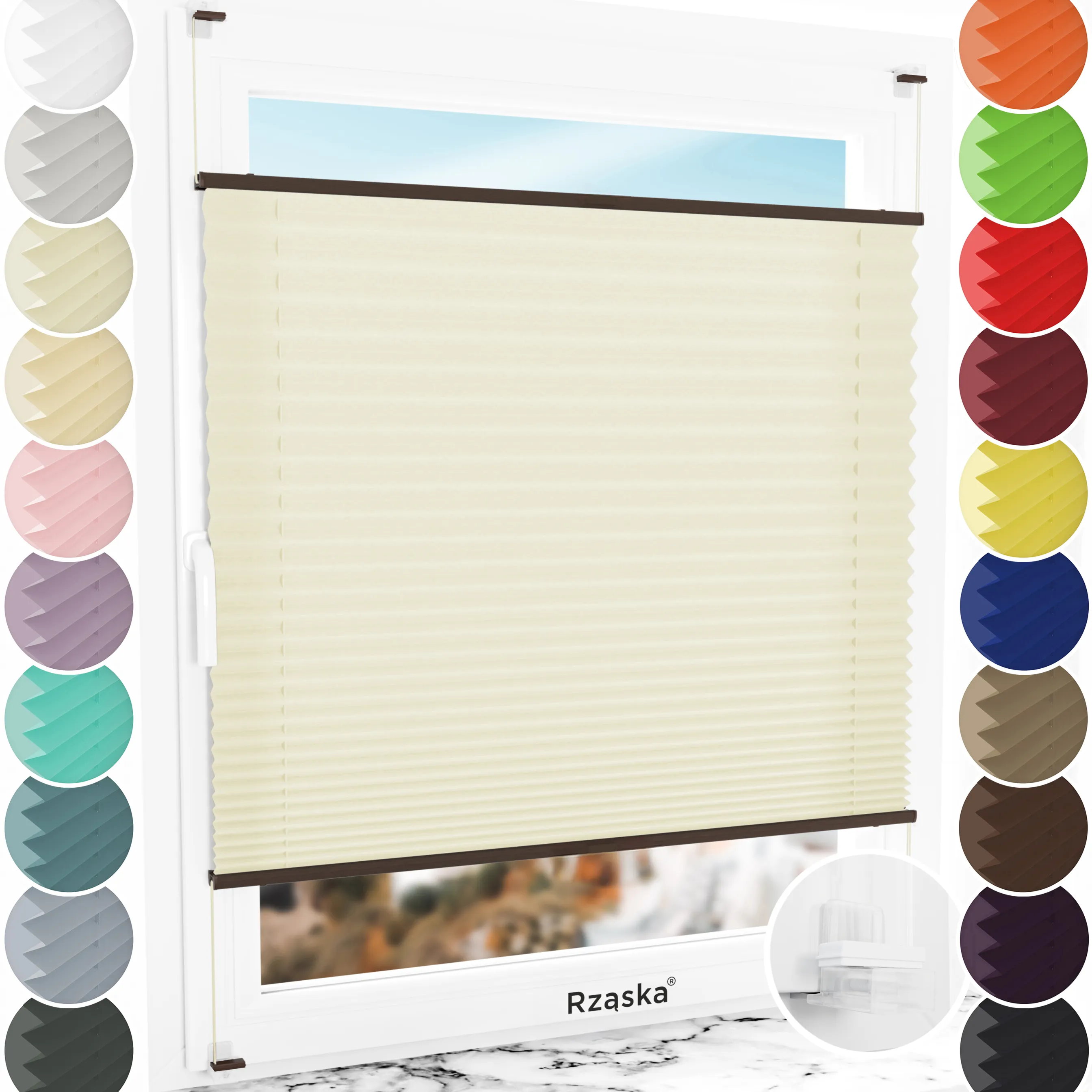 Bezinwazyjne plisy okienne Rząska® na wymiar, uchwyty Risinfix Incognito X do zaciskania, kolekcja Premium w kolorze Lody waniliowe, kremowym z profilem orzechowym.
