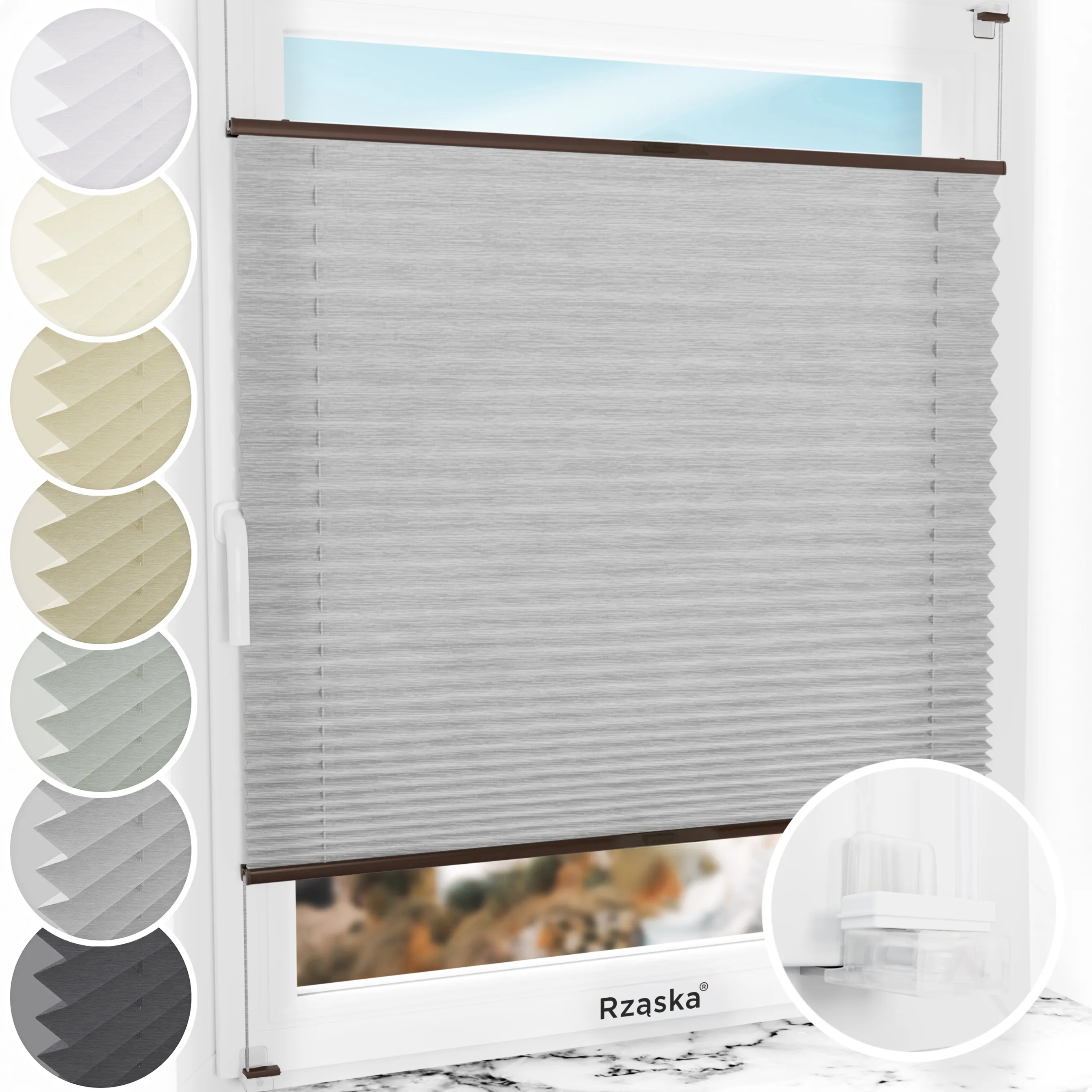 Bezinwazyjne plisy na okno Rząska® pod na wymiar, uchwyty Risinfix Incognito X do zaciskania, kolekcja Dolomite w kolorze Szary sztorm, szarym z profilem brązowym.
