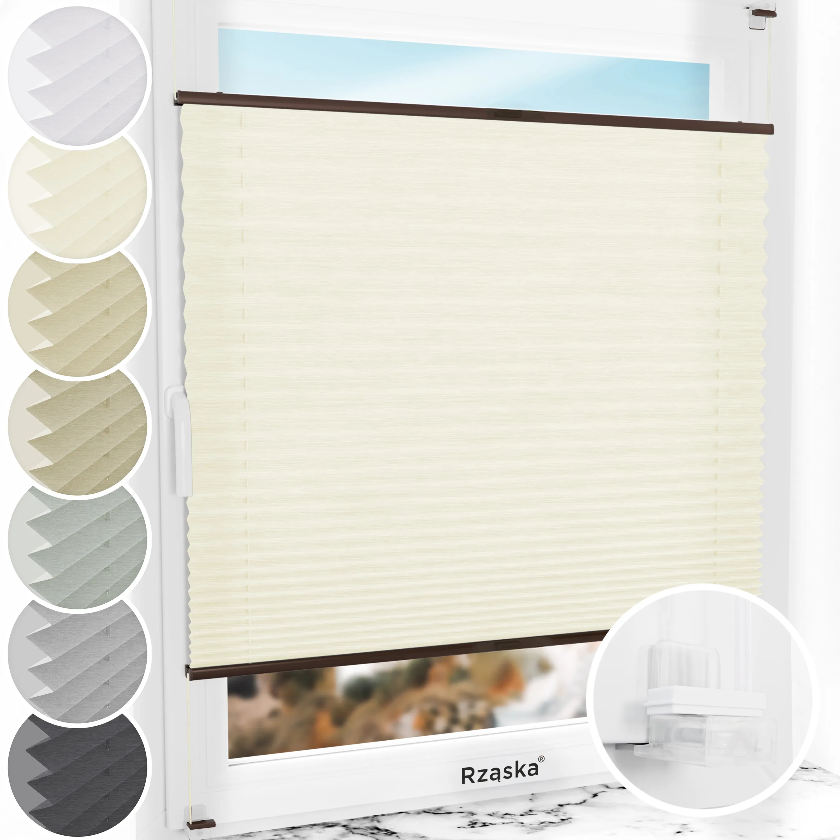Bezinwazyjne plisy na okno Rząska® pod na wymiar, uchwyty Risinfix Incognito X do zaciskania, kolekcja Dolomite w kolorze Waniliowe niebo, beżowym z profilem brązowym.