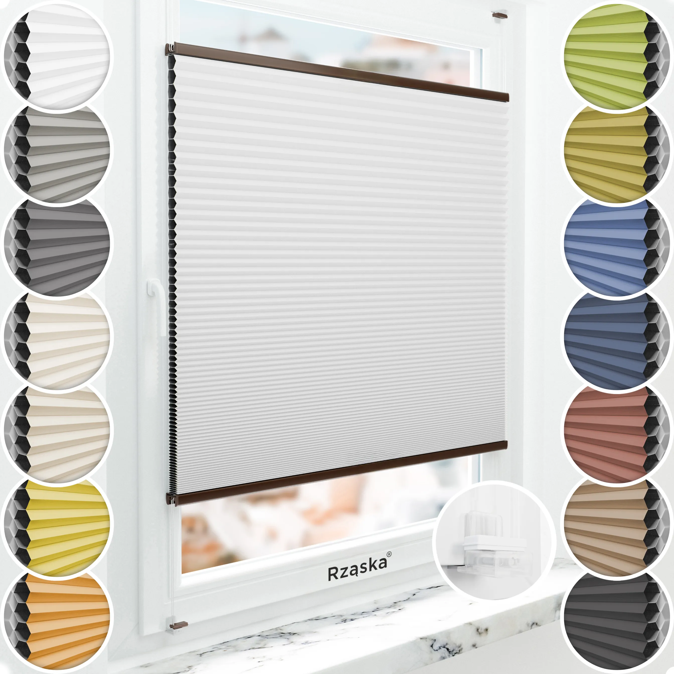 Bezinwazyjne plisy okienne Rząska® na wymiar o strukturze plastra miodu kolekcja Honeycomb w kolorze Światło księżyca, białym z profilem brązowym.