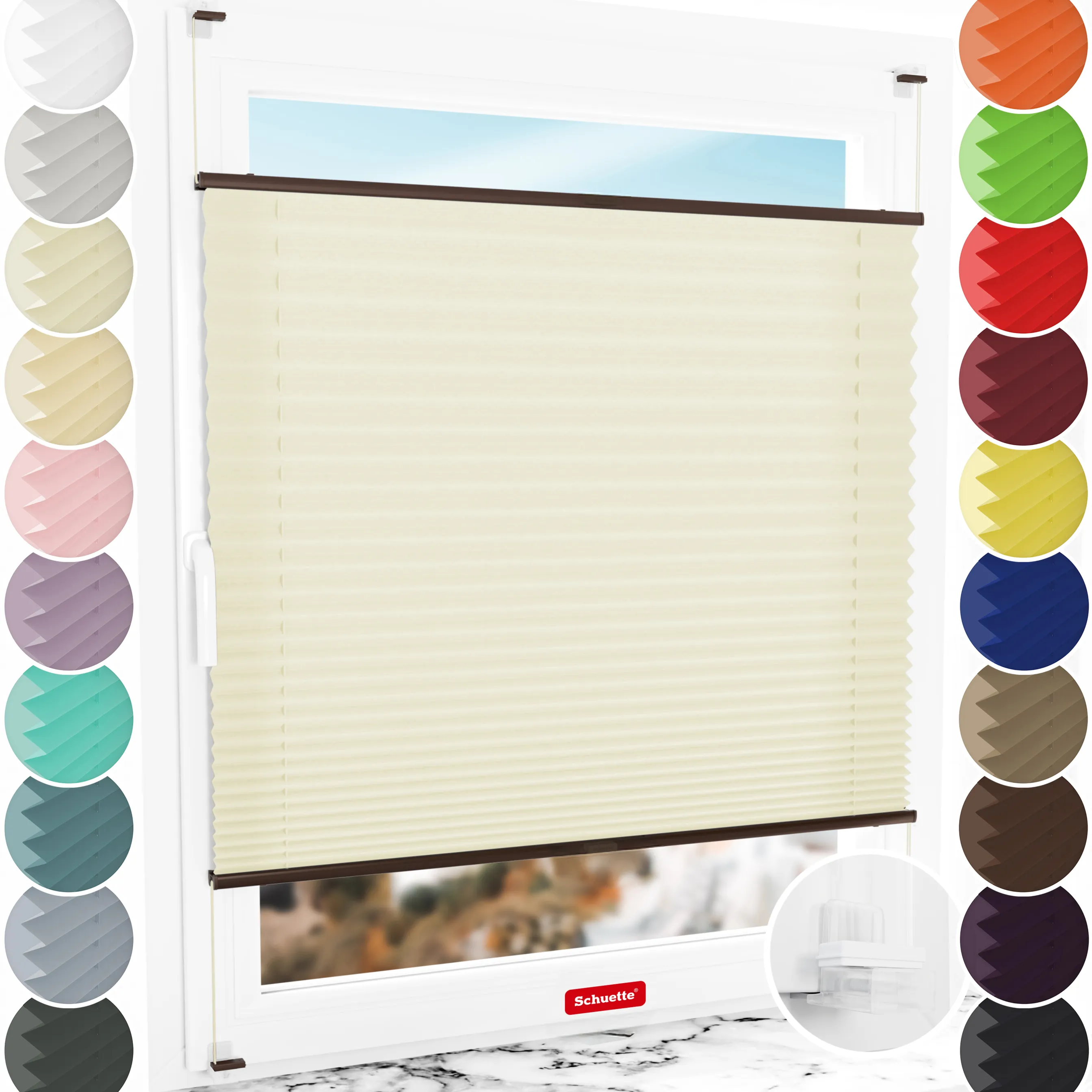 Bezinwazyjne plisy okienne Rząska® na wymiar, uchwyty Risinfix Incognito X do zaciskania, kolekcja Premium w kolorze Lody waniliowe, kremowym z profilem brązowym.