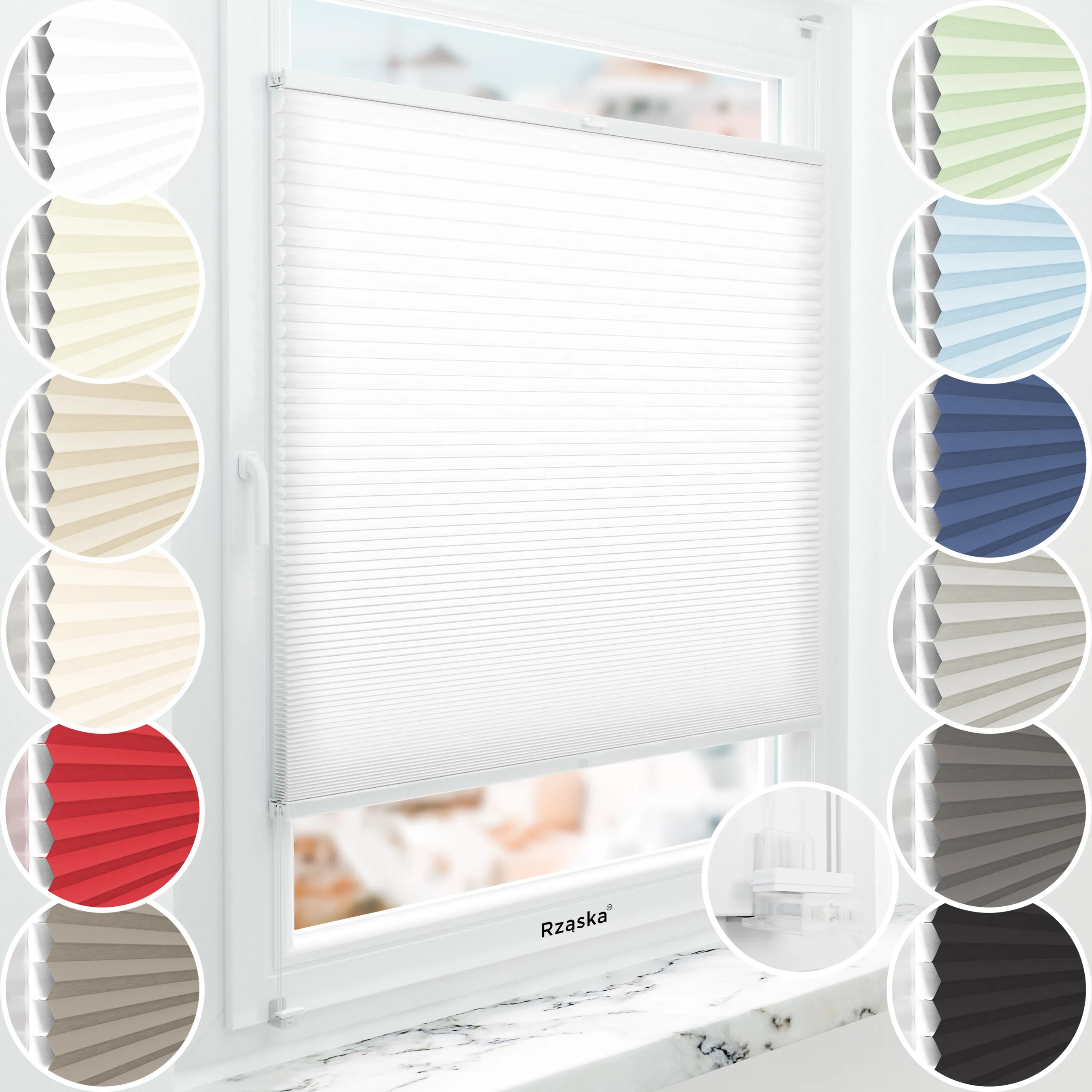 Rząska® bezinwazyjne plisy zaciemniające na wymiar • Thermo Honeycomb (Plaster Miodu): kolor tkaniny Kokosowy Mus, biały • Risinfix do zaciskania (transparent) • kolor profili dąb
