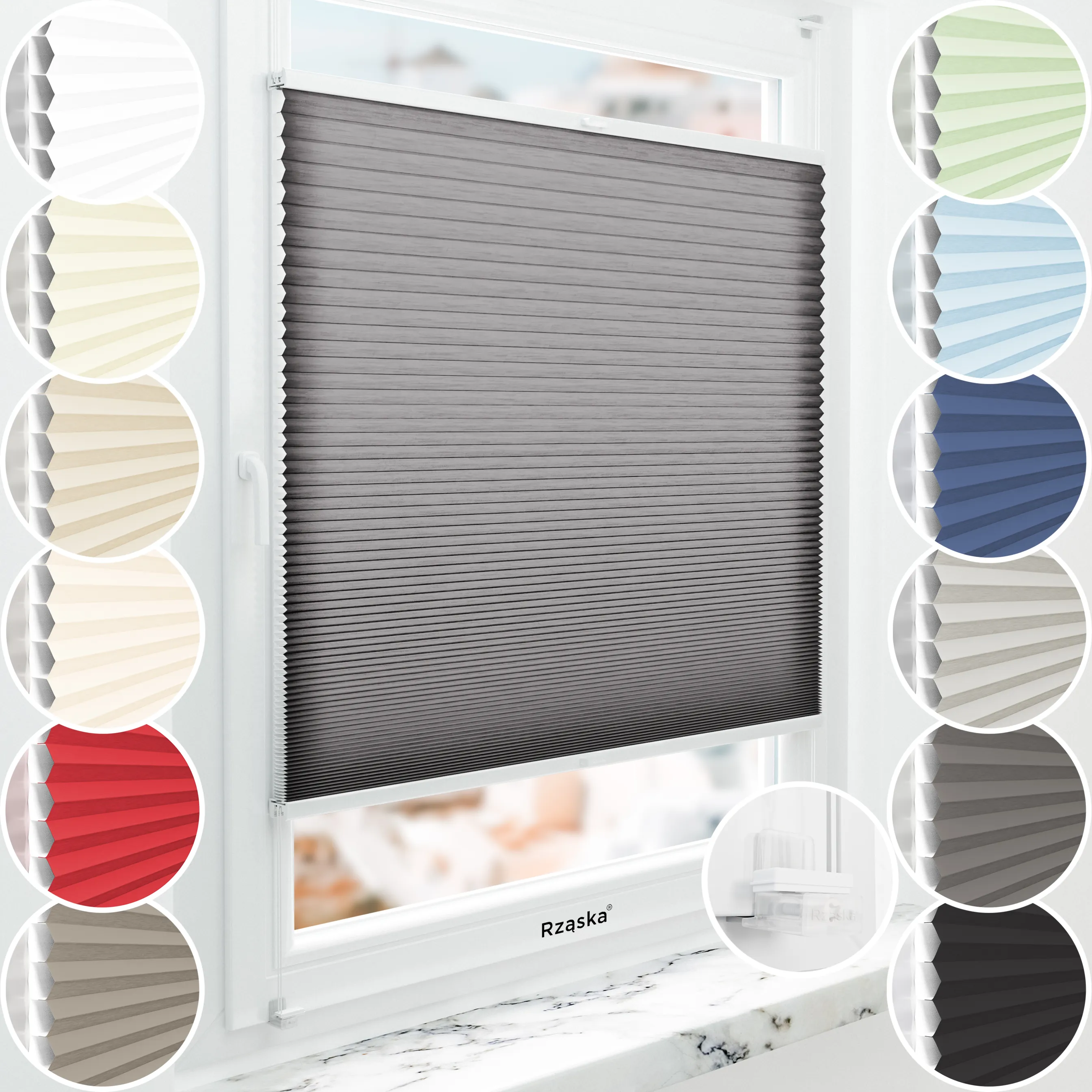 Rząska® bezinwazyjne plisy zaciemniające na wymiar • Thermo Honeycomb (Plaster Miodu): kolor tkaniny Nocna Przekąska, czarny • Risinfix do zaciskania (transparent) • kolor profili biały