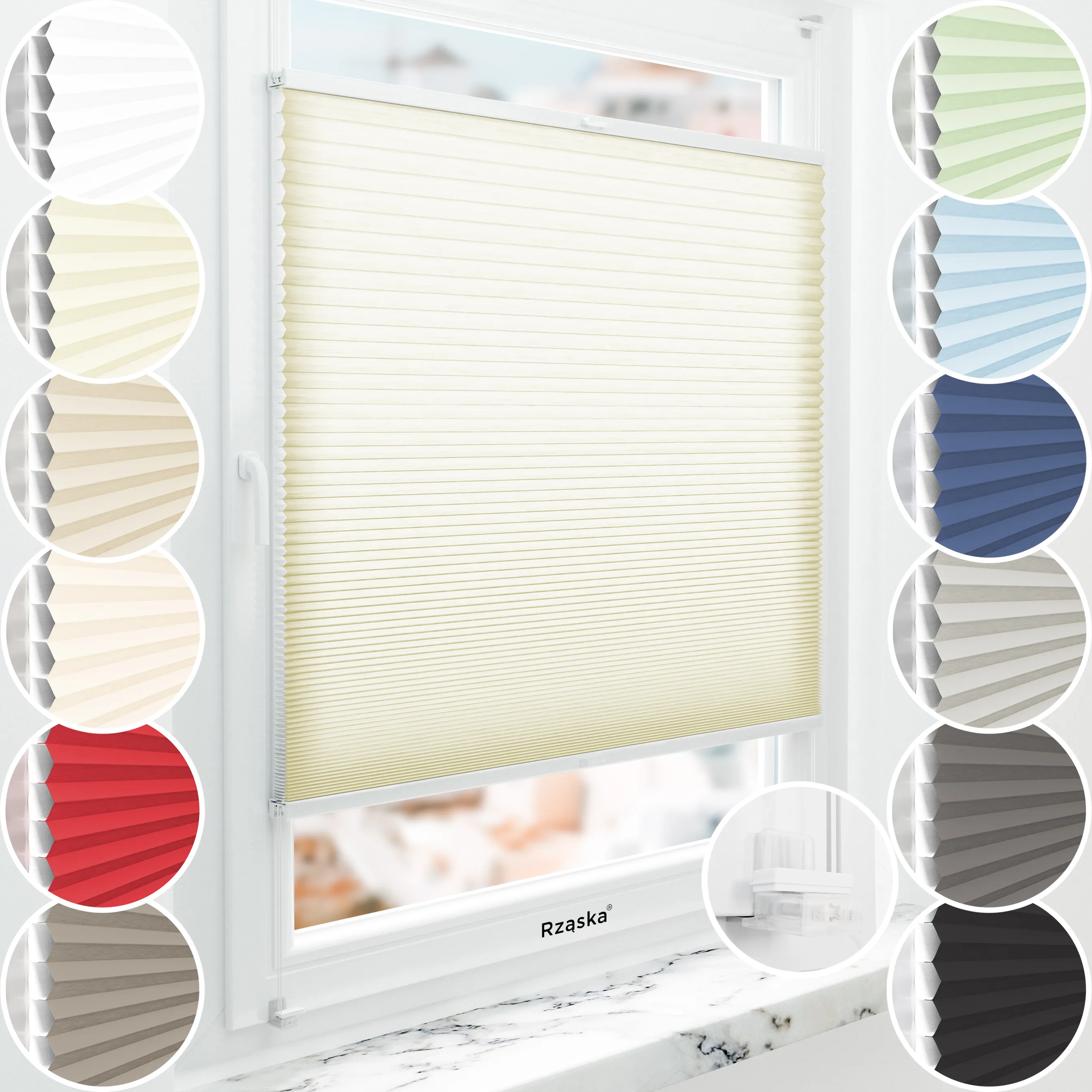 Rząska® bezinwazyjne plisy zaciemniające na wymiar • Thermo Honeycomb (Plaster Miodu): kolor tkaniny Maślane Ciastko, beżowy • Risinfix do zaciskania (transparent) • kolor profili biały