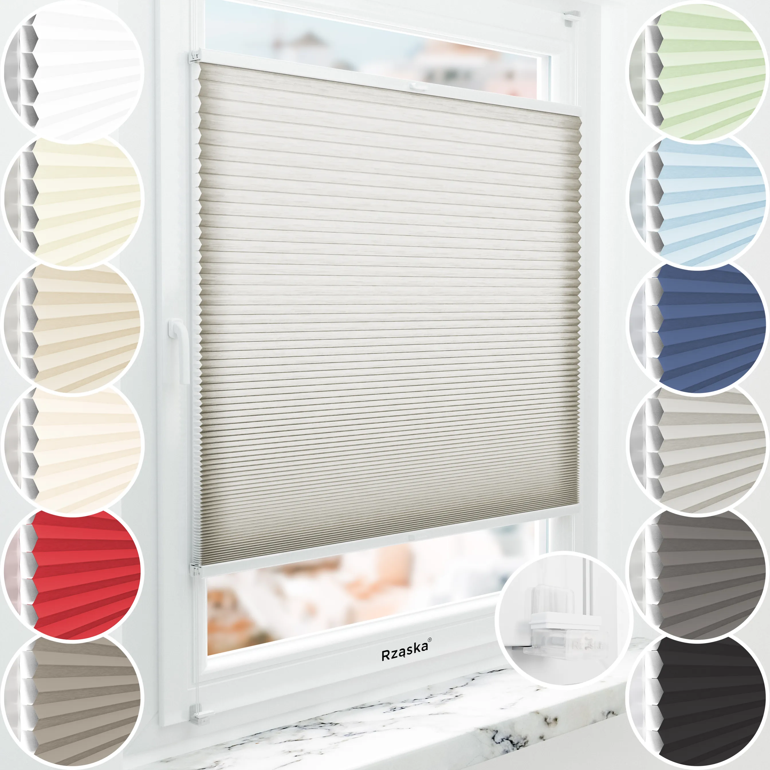 Rząska® bezinwazyjne plisy zaciemniające na wymiar • Thermo Honeycomb (Plaster Miodu): kolor tkaniny Chia Pudding, szary • Risinfix do zaciskania (transparent) • Kolor profili: orzech