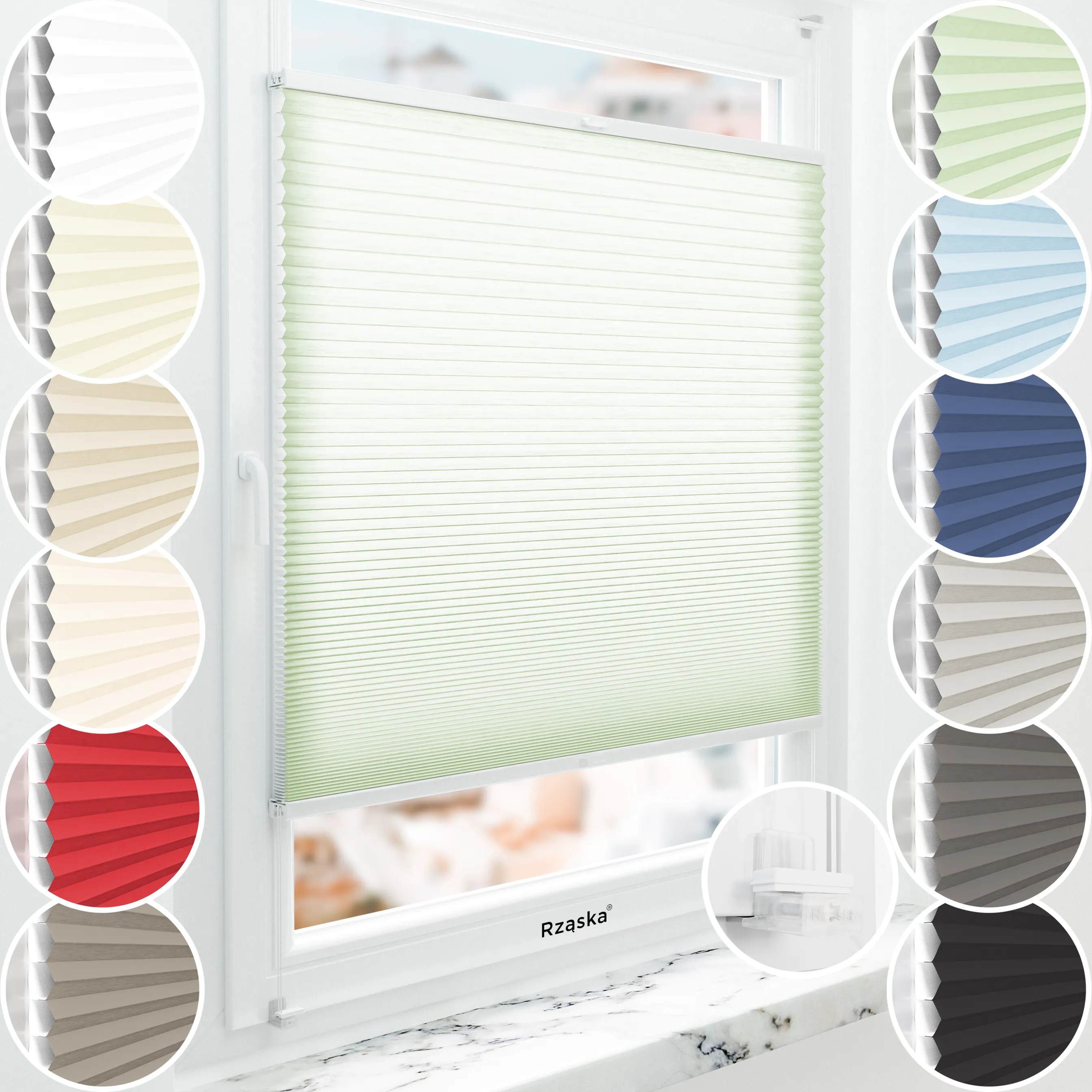 Rząska® bezinwazyjne plisy zaciemniające na wymiar • Thermo Honeycomb (Plaster Miodu): kolor tkaniny Matcha Latte, pastelowa zieleń • Risinfix do zaciskania (transparent) • Kolor profili: orzech