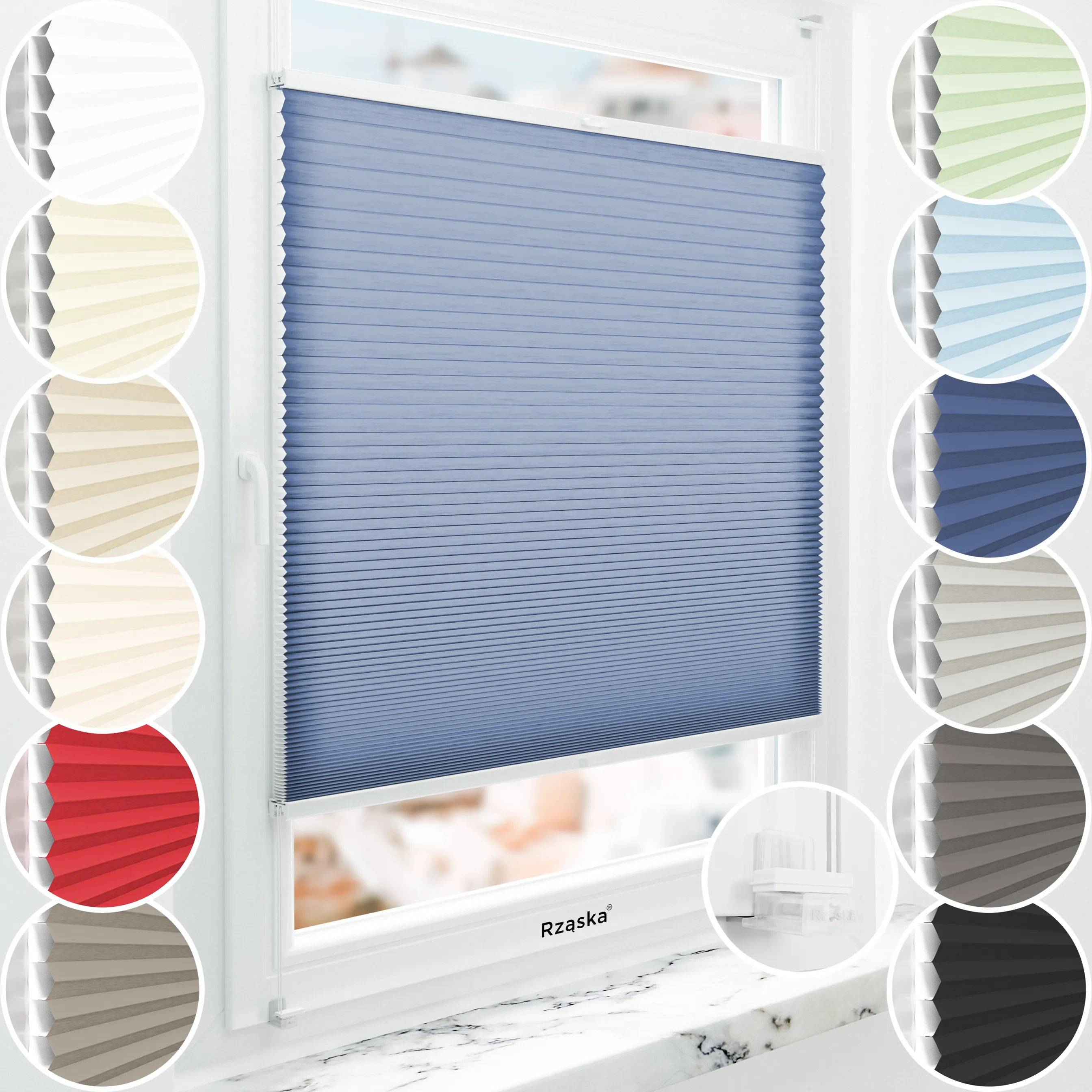 Rząska® bezinwazyjne plisy zaciemniające na wymiar • Thermo Honeycomb (Plaster Miodu): kolor tkaniny Borówkowy Blues, ciemnoniebieski • Risinfix do zaciskania (transparent) • kolor profili biały