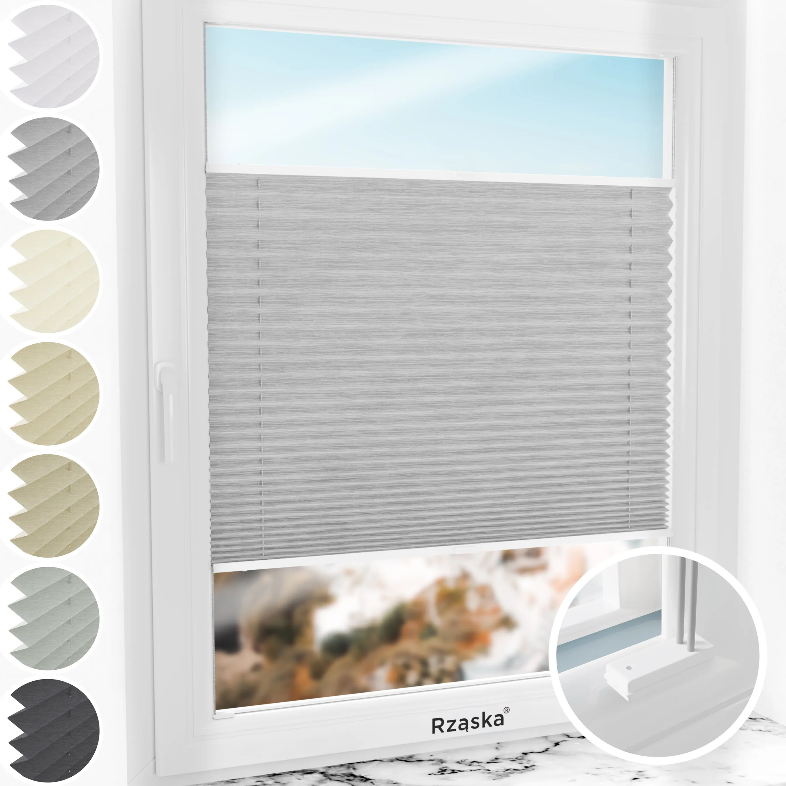 Inwazyjne rolety plisowane Rząska® na wymiar, uchwyty Risinfix do przykręcania, kolekcja Dolomite w kolorze Szary sztorm, szarym z profilem białym.