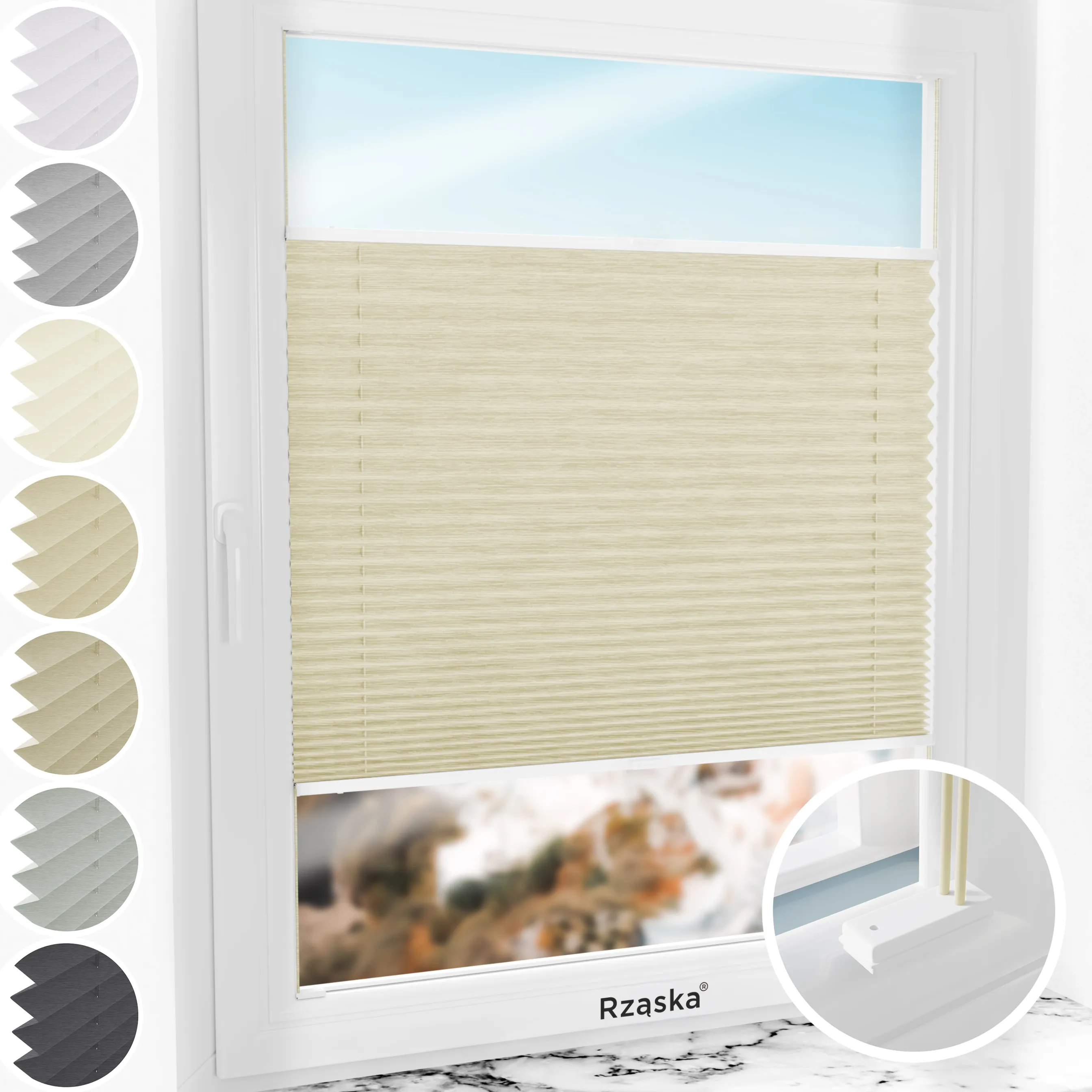 Inwazyjne rolety plisowane Rząska® na wymiar, uchwyty Risinfix do przykręcania, kolekcja Dolomite w kolorze Mokry piasek, beżowym z profilem białym.
