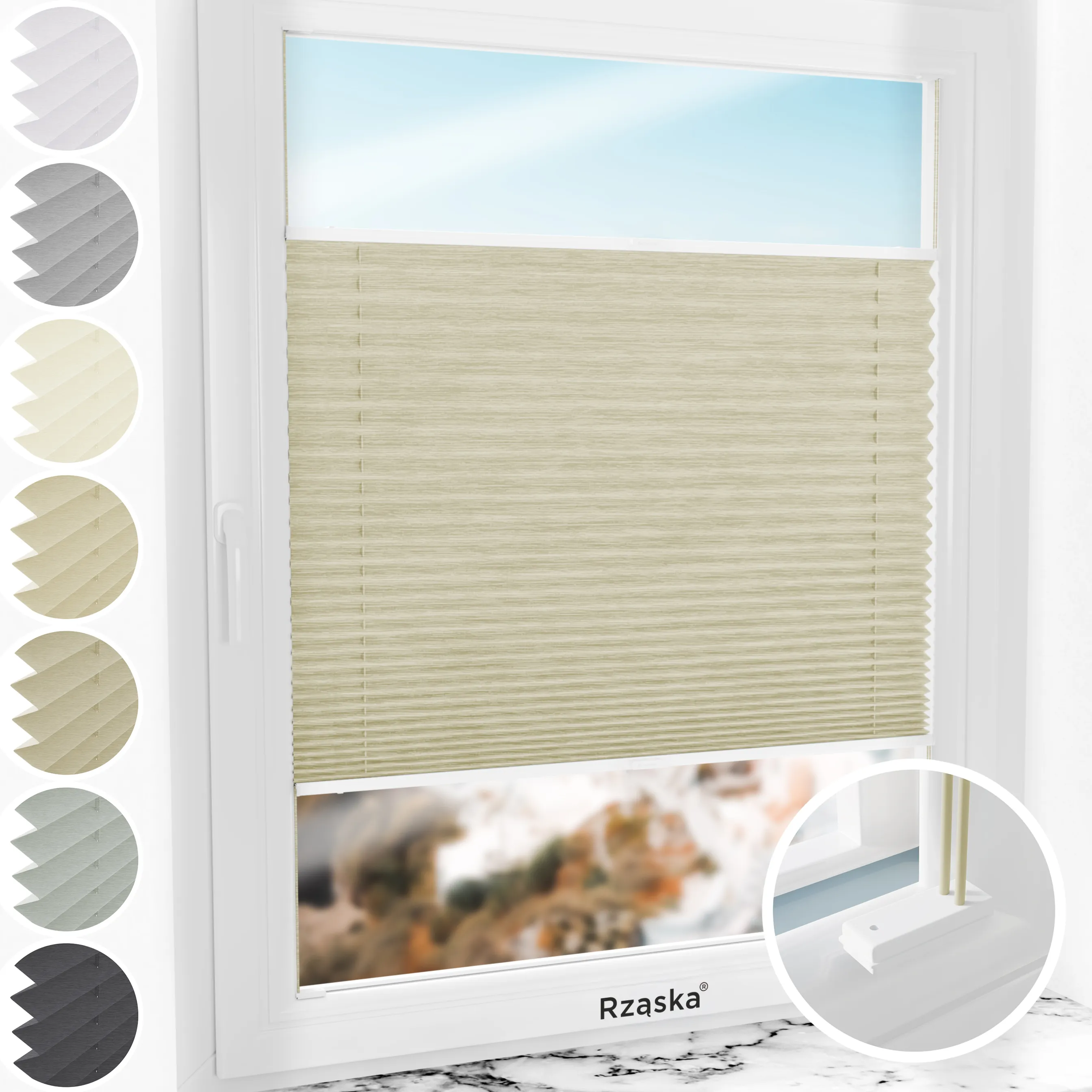 Inwazyjne rolety plisowane Rząska® na wymiar, uchwyty Risinfix do przykręcania, kolekcja Dolomite w kolorze Lekka kawa, beżowym z profilem białym.