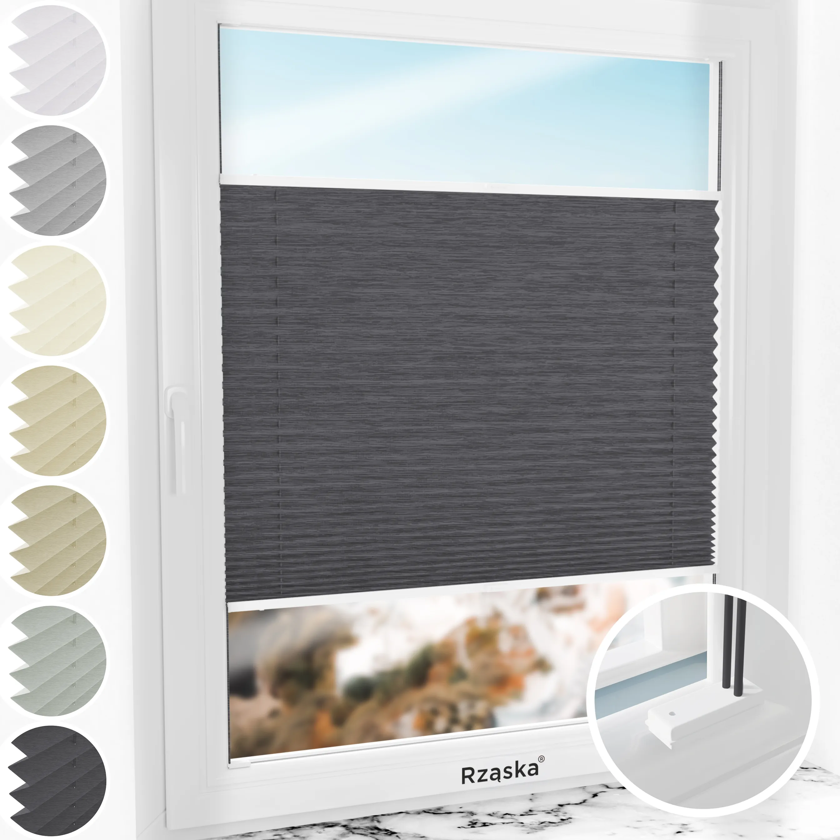 Inwazyjne rolety plisowane Rząska® na wymiar, uchwyty Risinfix do przykręcania, kolekcja Dolomite w kolorze Ciemny vintage, szarym z profilem białym.