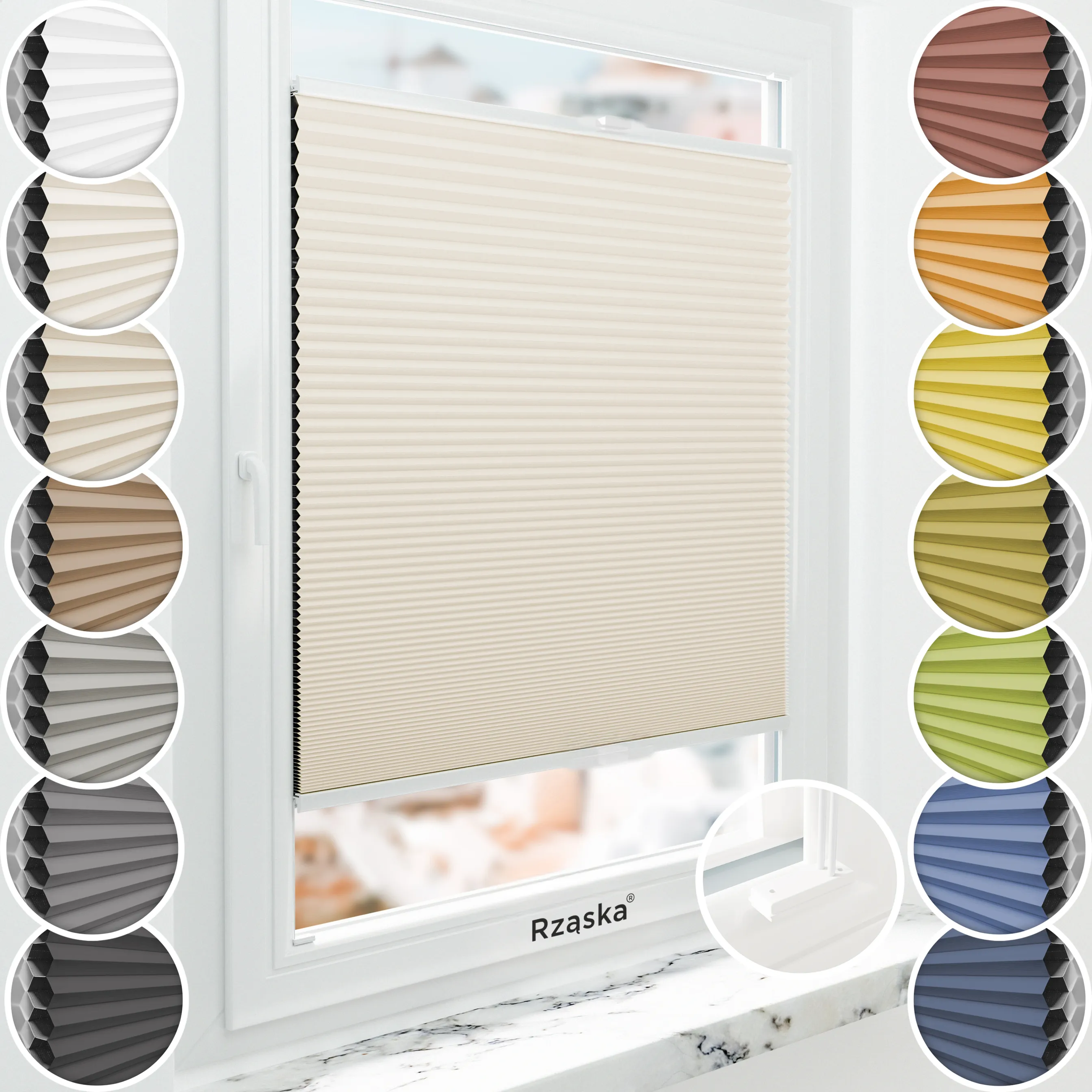 Inwazyjne plisy, rolety termoizolacyjne Rząska® na wymiar o strukturze plastra miodu kolekcja Honeycomb w kolorze Spokojne wybrzeże, beżowym z profilem białym.